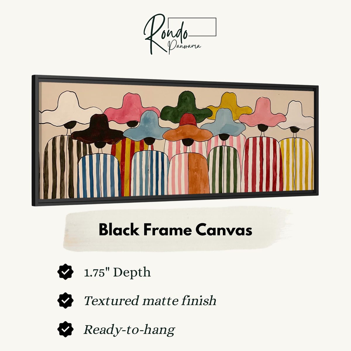 Crowd of figures in colorful sun hats canvas print in a black floating frame
