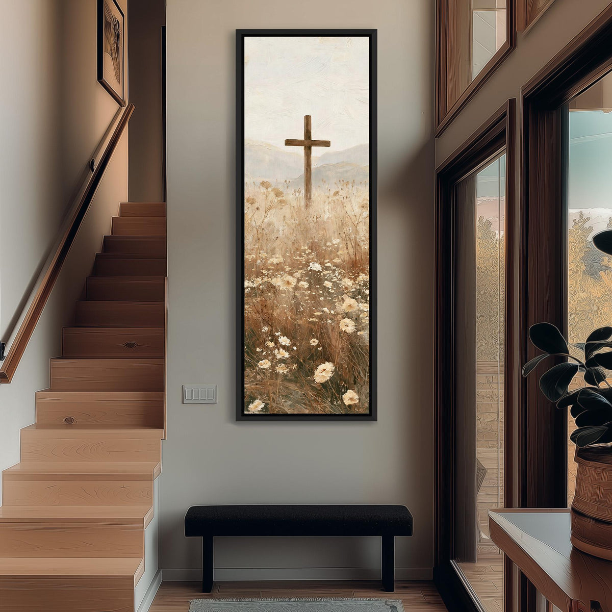 Wooden cross in a daisy field tall narrow canvas print beside a staircase in an entryway