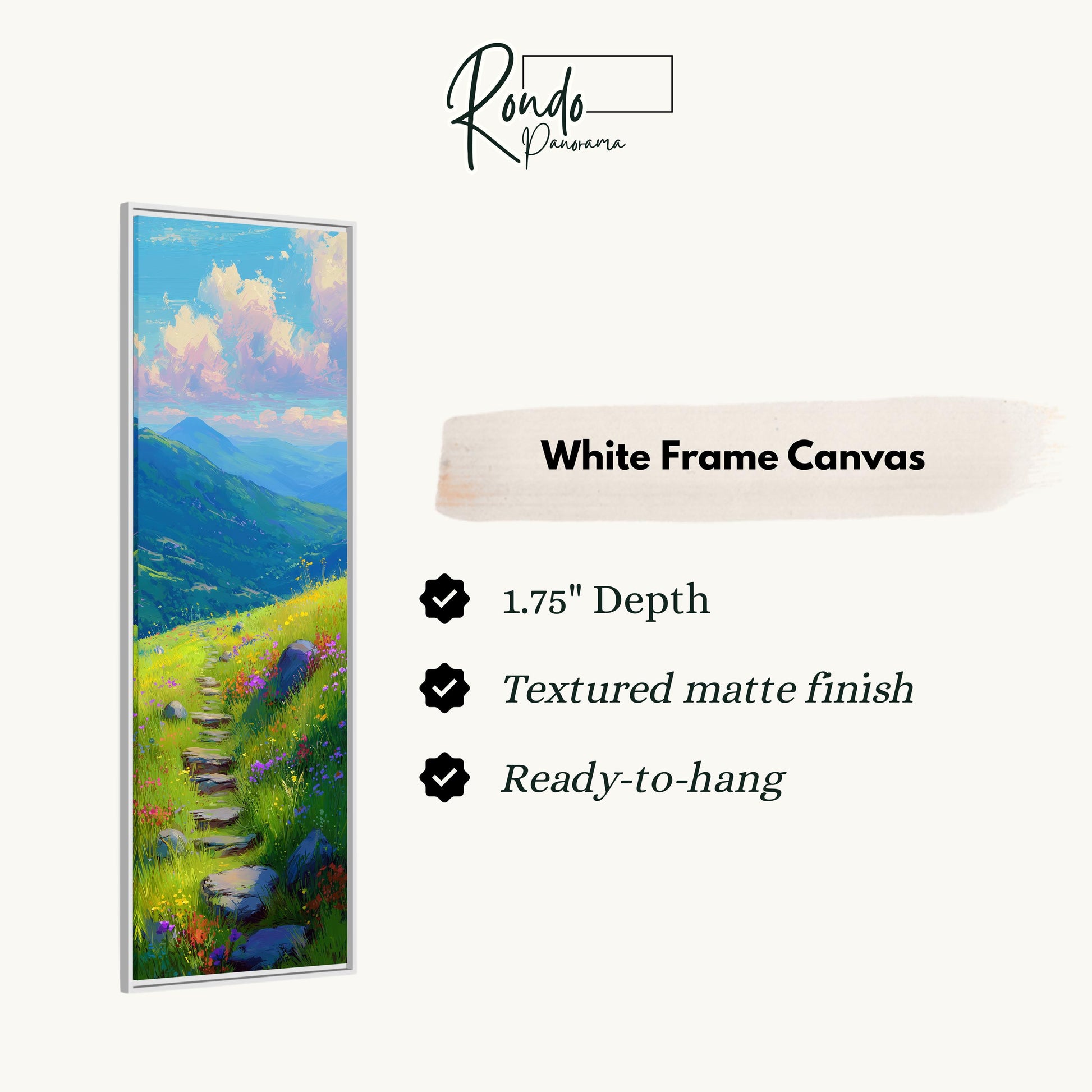 The image is a white frame canvas depicting a scenic landscape with a winding path leading through a grassy field and mountains in the background.