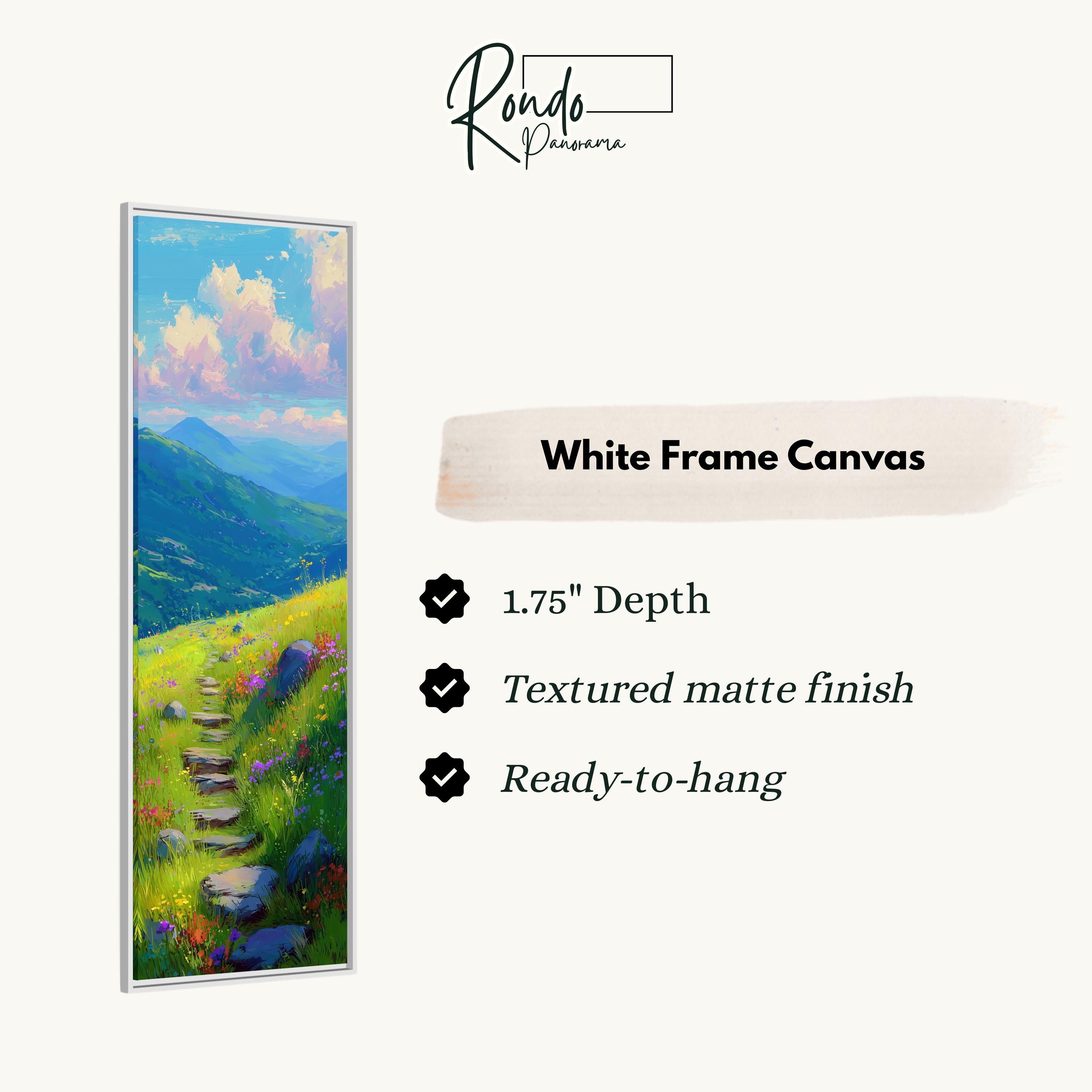 The image is a white frame canvas depicting a scenic landscape with a winding path leading through a grassy field and mountains in the background.