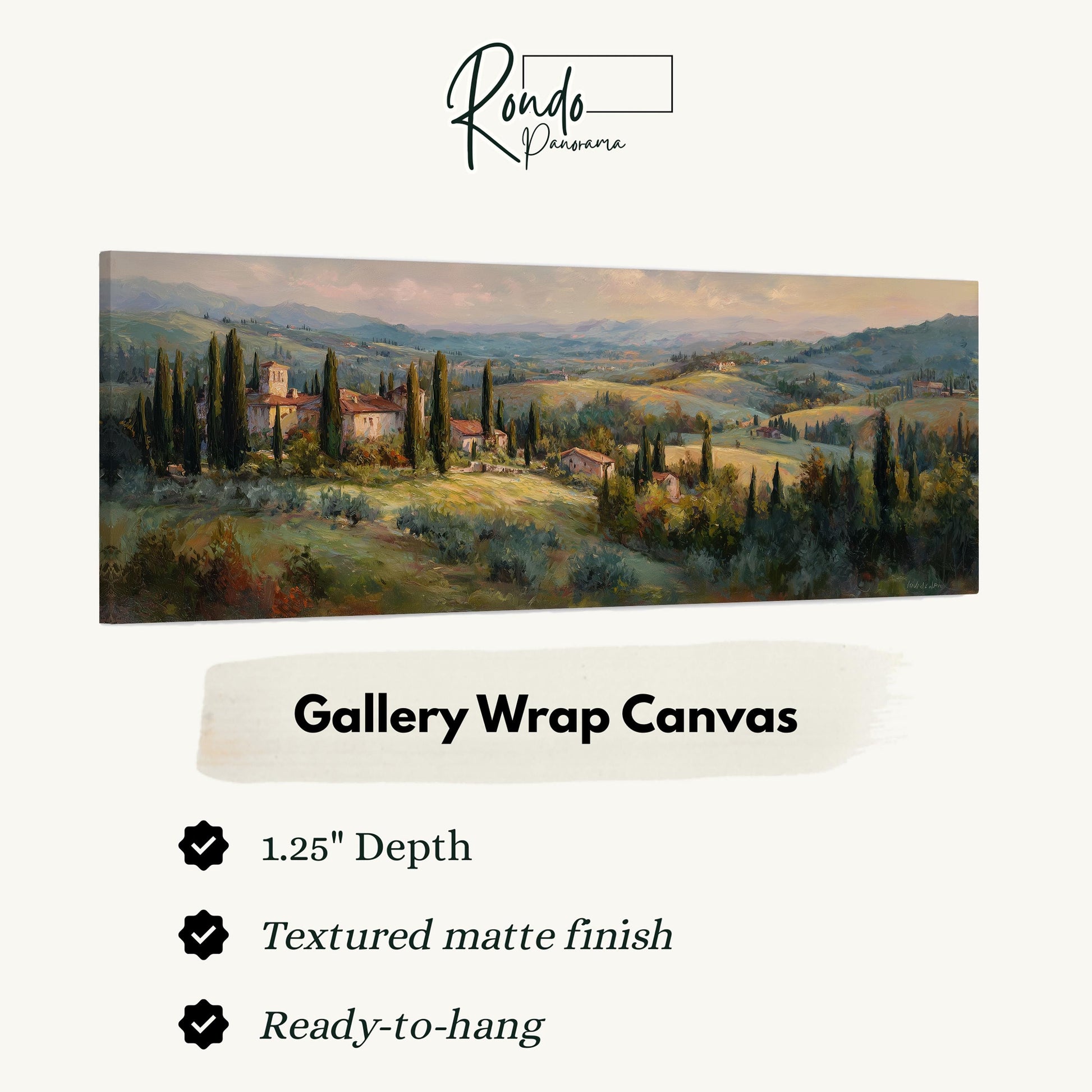 The image is a painting of a countryside landscape, featuring a village surrounded by rolling hills and trees.