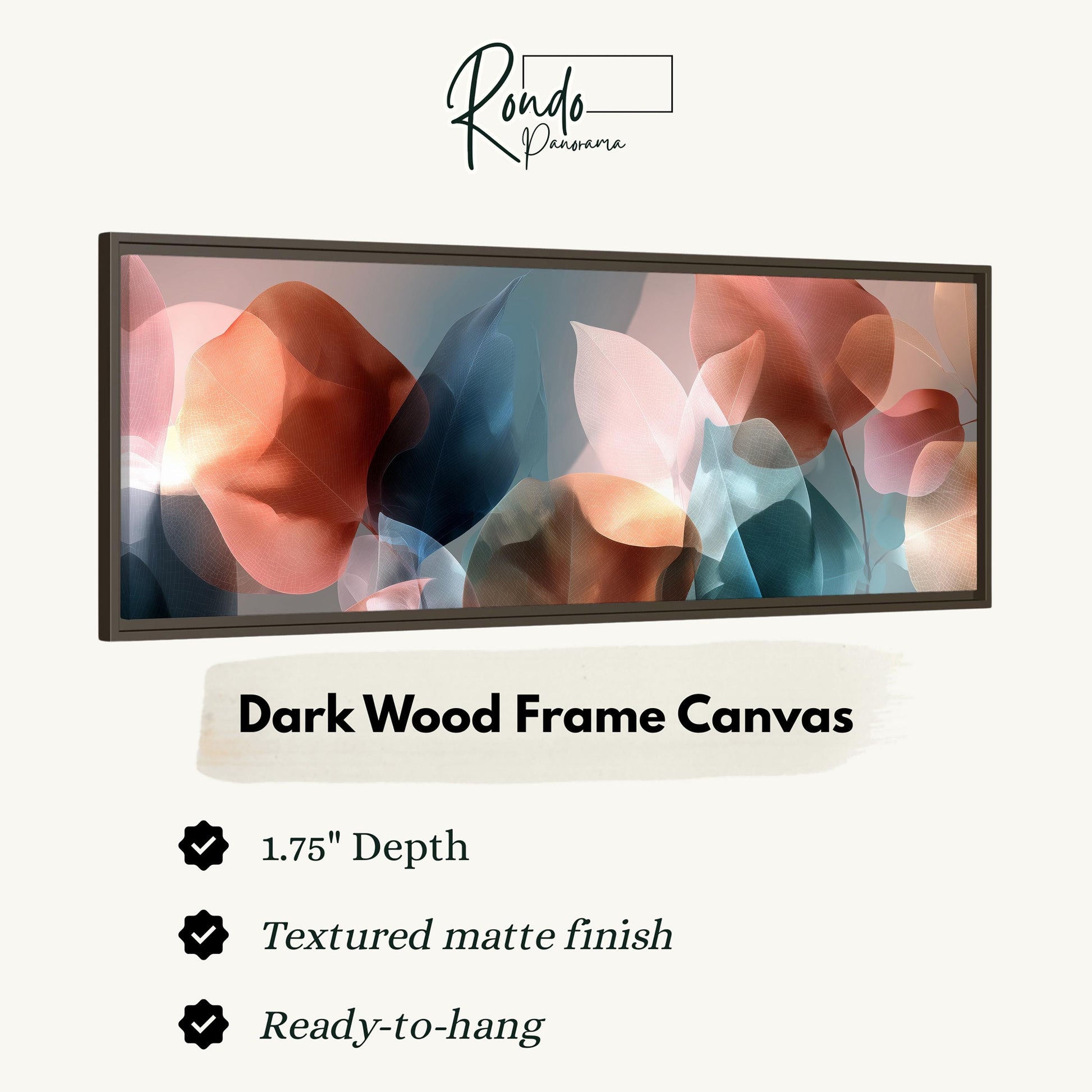 The image is a framed artwork featuring abstract floral designs in shades of orange, pink, and blue. The frame is described as a "Dark Wood Frame Canvas" with a 1.75" depth, a textured matte finish, and a ready-to-hang feature.