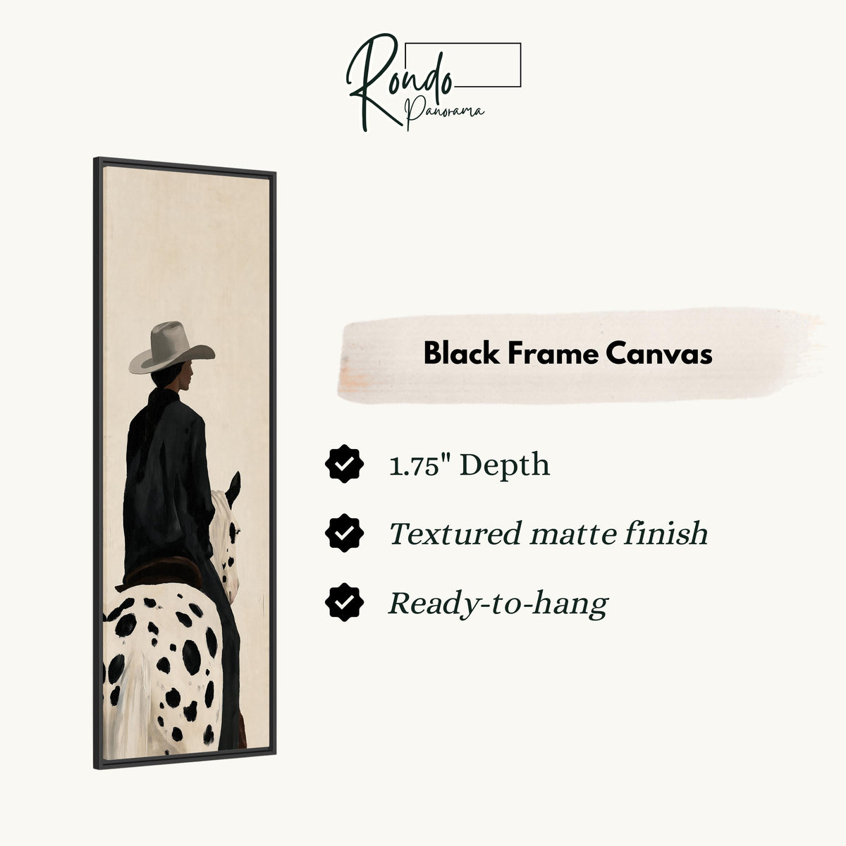 Cowgirl on a spotted appaloosa from behind canvas print in a black floating frame