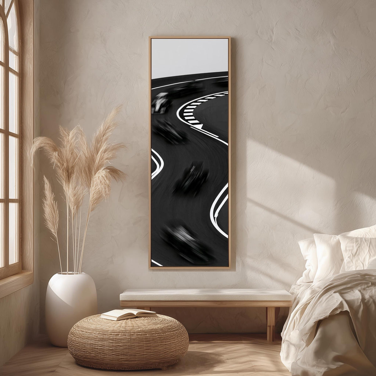 Race cars blurring around a curved track long vertical canvas print in a bright reading corner