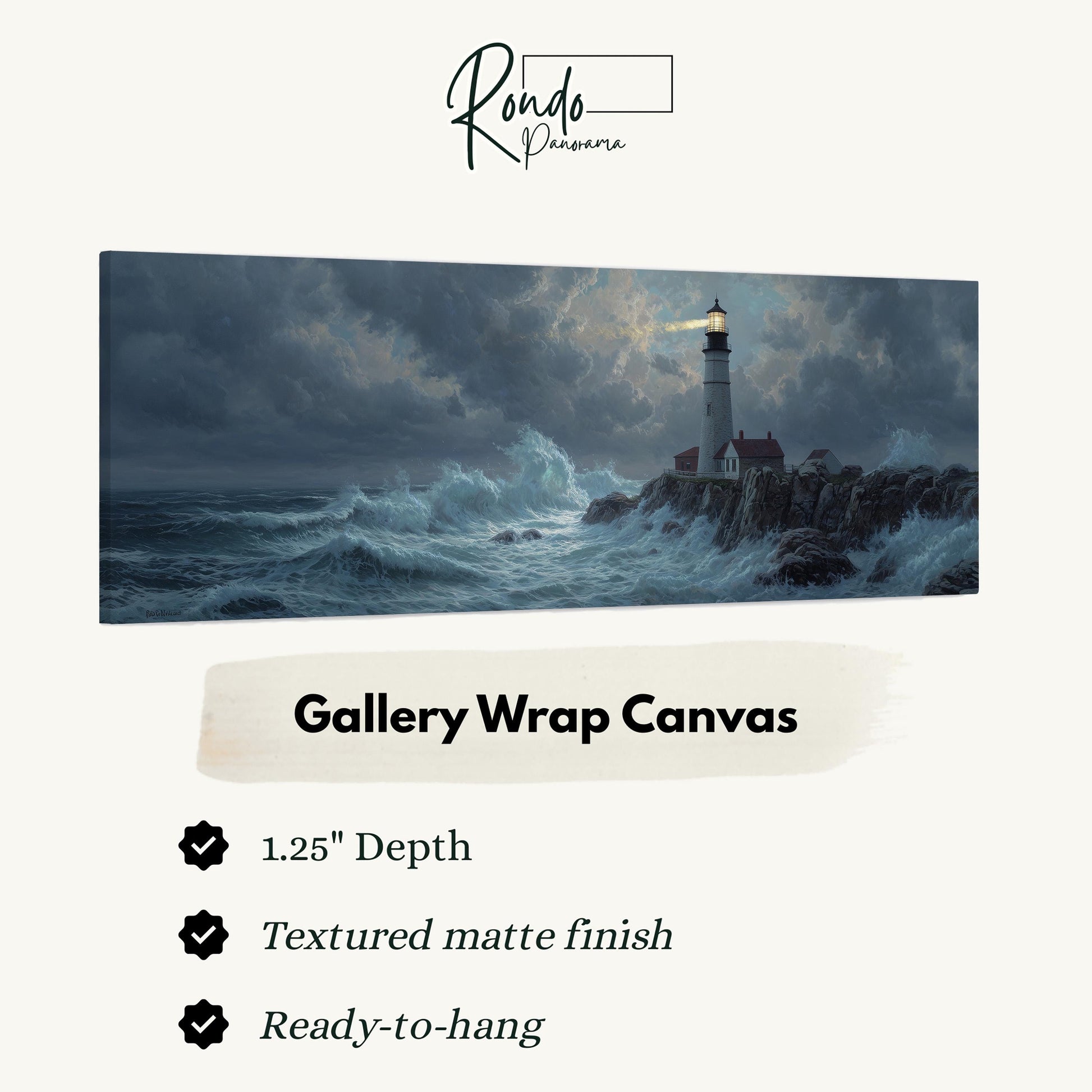 The image is a painting of a lighthouse on a rocky shore, with waves crashing against the rocks in the background.