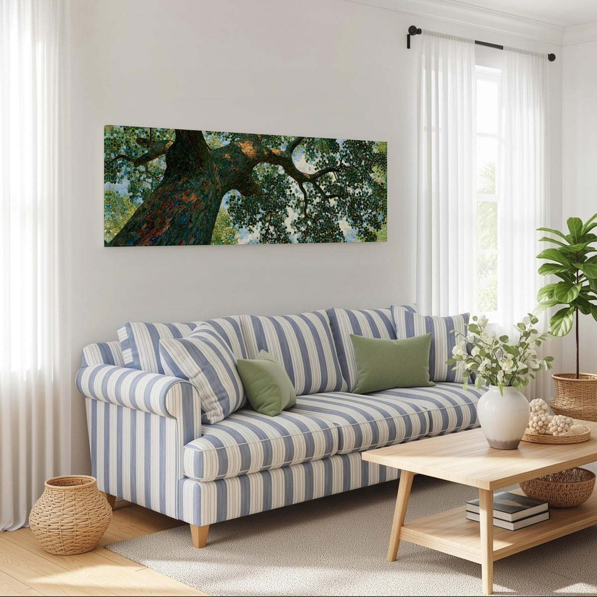 Looking up into an oak canopy long horizontal canvas print above a striped sofa in a coastal living room