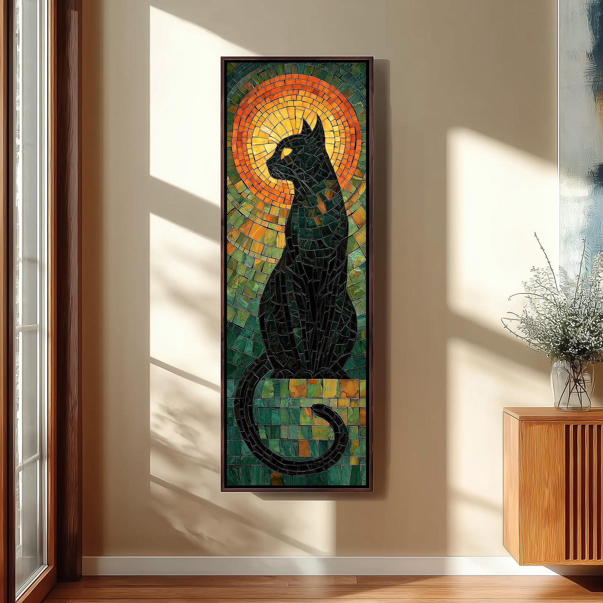 a large, colorful mosaic artwork of a black cat, which is hanging on a wall in a room.