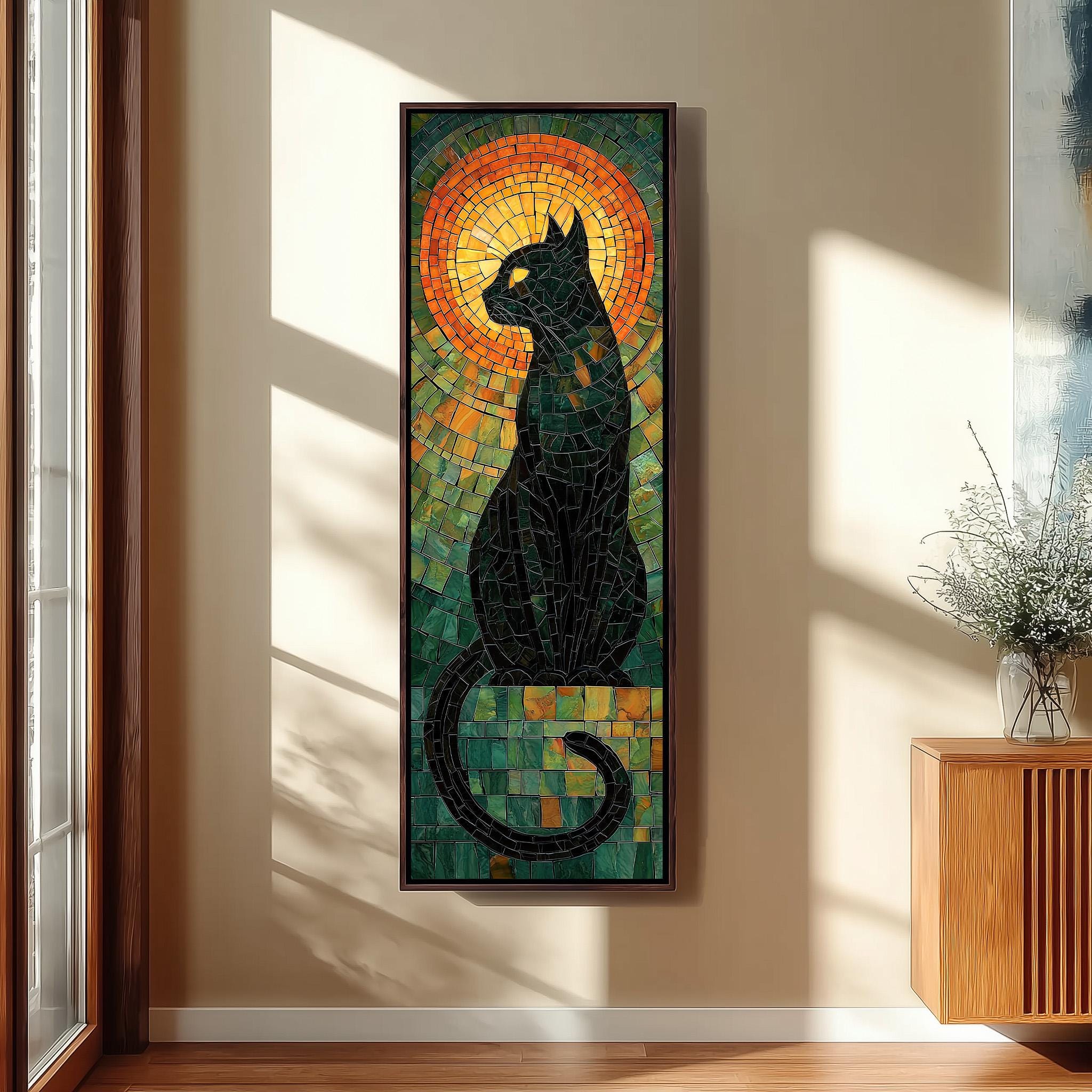 a large, colorful mosaic artwork of a black cat, which is hanging on a wall in a room.
