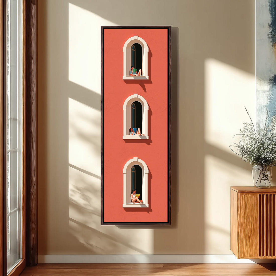 People reading in three arched windows on a coral wall long vertical canvas print in a sunlit living space