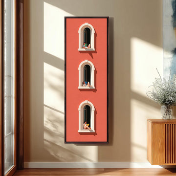 People reading in three arched windows on a coral wall long vertical canvas print in a sunlit living space