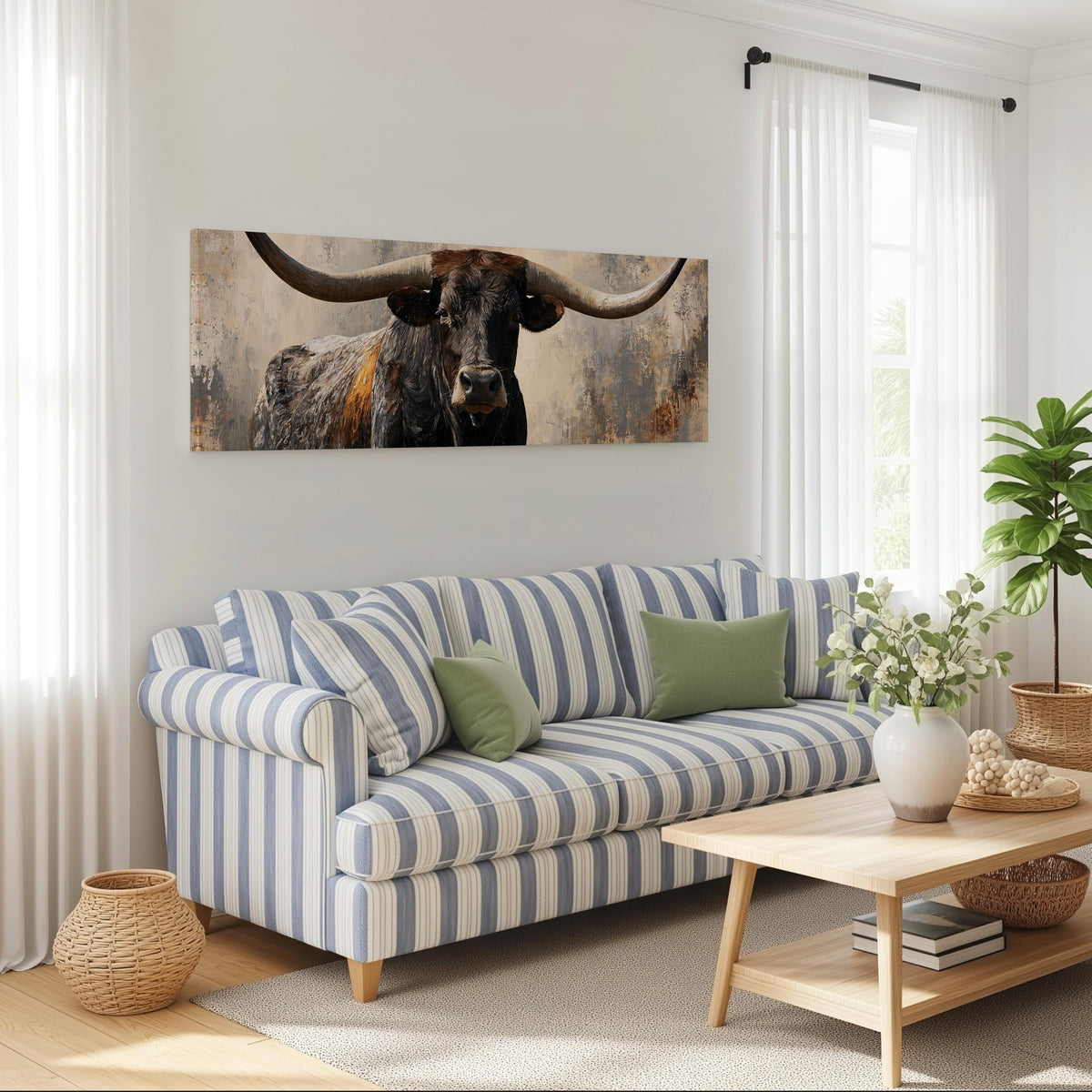 Longhorn bull portrait long horizontal canvas print above a striped sofa in a coastal living room
