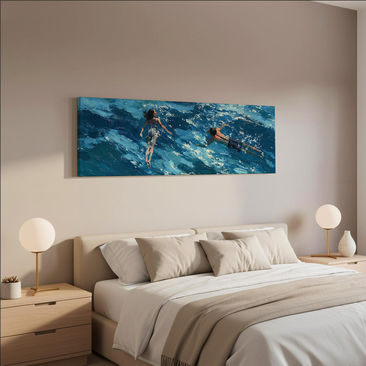 Two swimmers in turquoise waves wide panoramic canvas print above a bed in a neutral bedroom