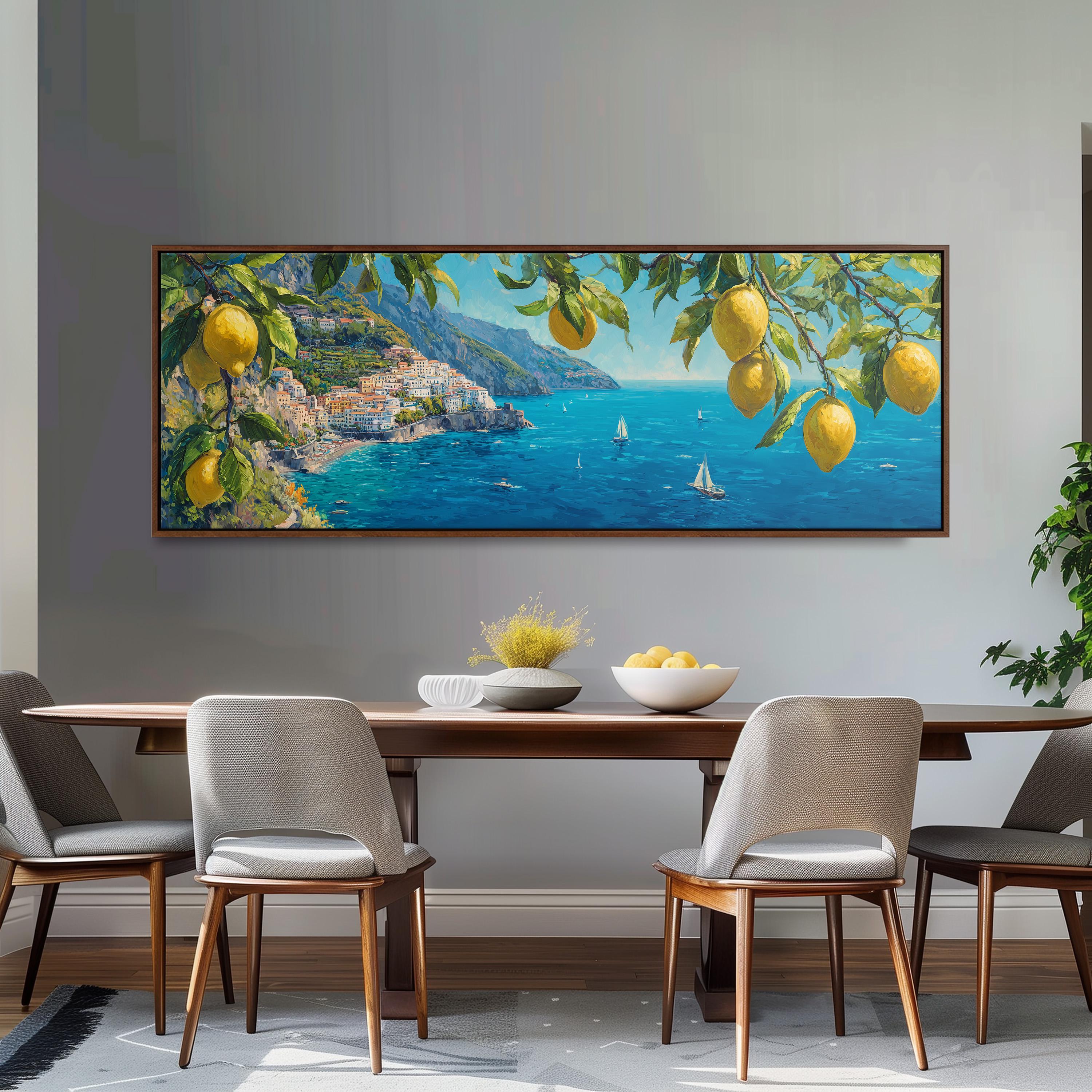 a large painting of a coastal town with a picturesque view of the sea, framed and hung on a wall above a wooden dining table with four chairs.