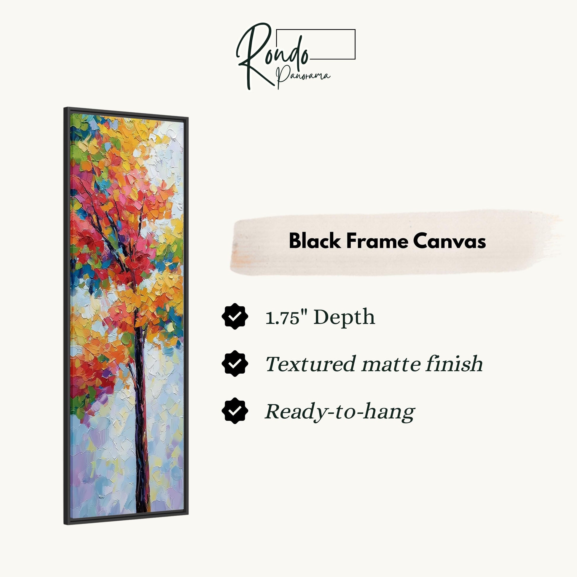 The image is a black frame canvas with a vibrant painting of a tree in the center. The painting is described as having a 1.75" depth, a textured matte finish, and is ready to hang.