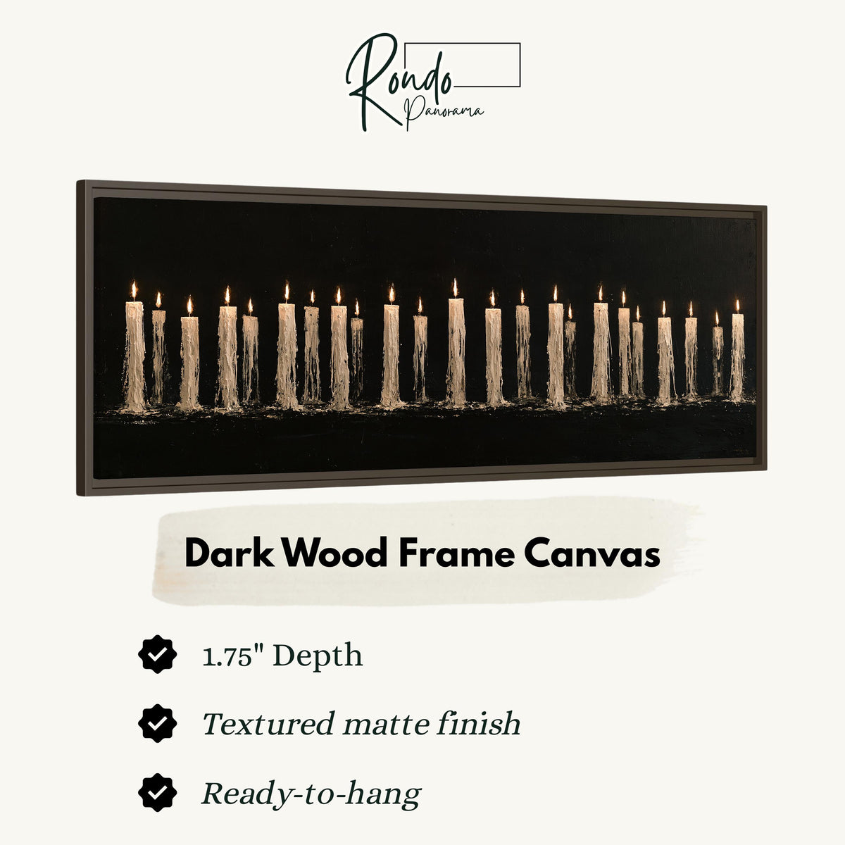 Long row of flickering candles canvas print in a dark wood floating frame