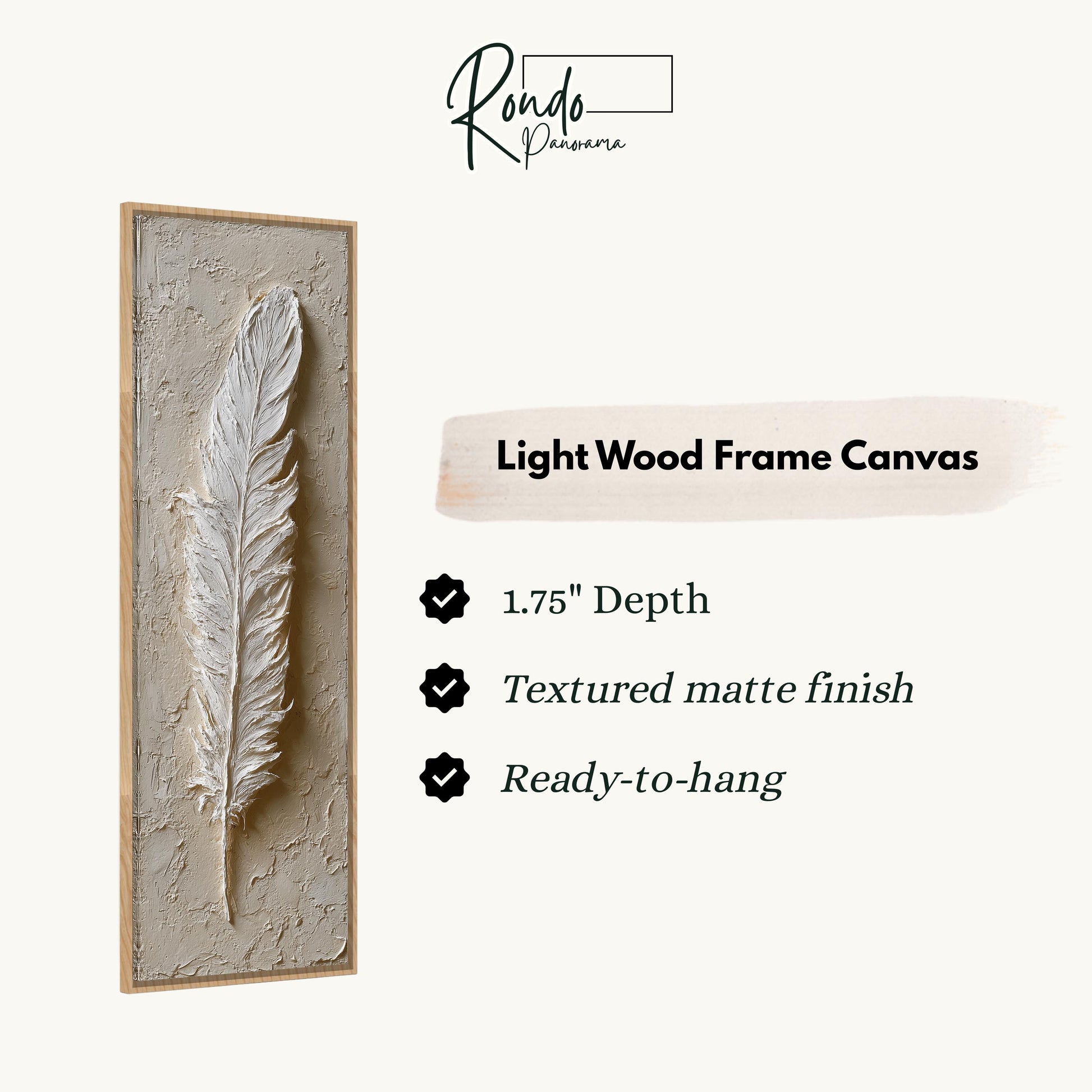 a light wood frame canvas with a feather on it, along with some text describing the features of the canvas.
