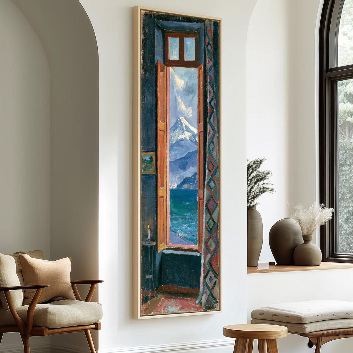 Snowy mountain and sea seen through a tall window long vertical canvas print in a sunlit living space