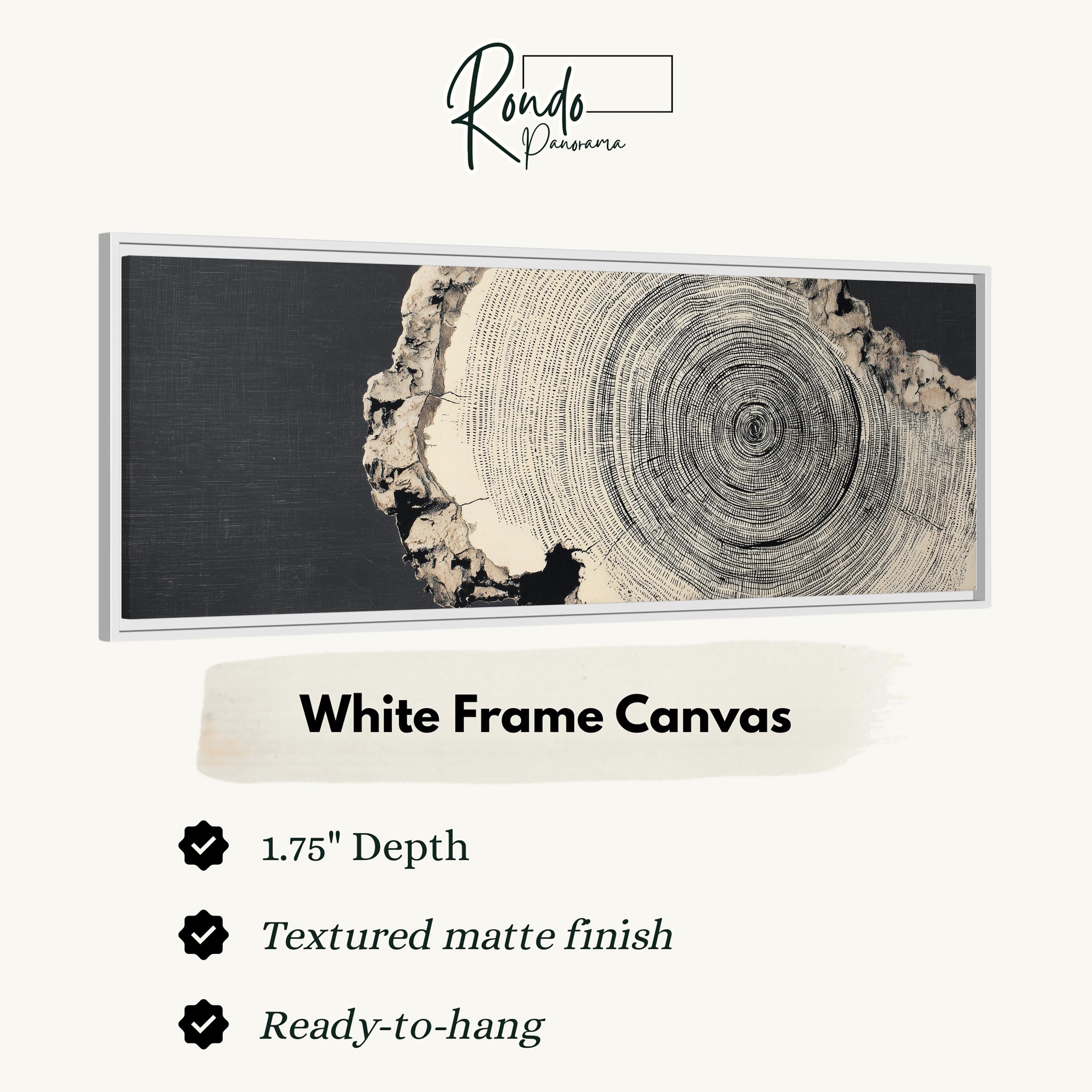 The image is a framed artwork depicting a tree stump with concentric rings, and it is described as a "White Frame Canvas" with a "1.75" depth, a "Textured matte finish", and "Ready-to-hang".