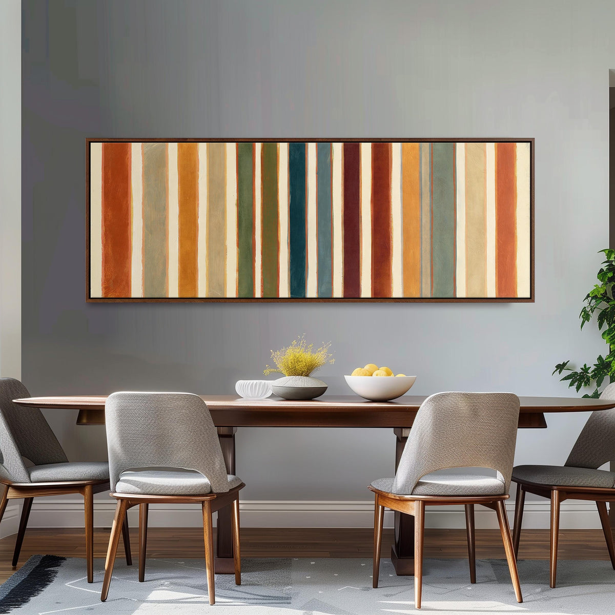 Rust, sage, maroon and teal stripes long horizontal canvas print above a dining table