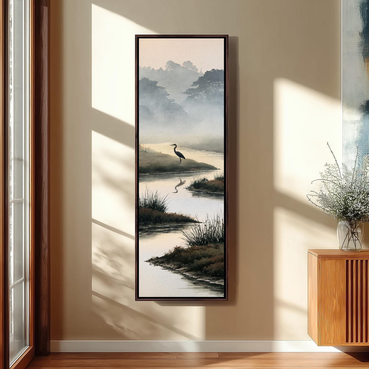 Heron in a misty wetland stream tall skinny canvas print in a sunlit living space
