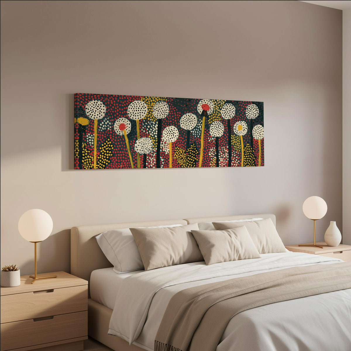 Dotted dandelion meadow wide panoramic canvas print above a bed in a neutral bedroom