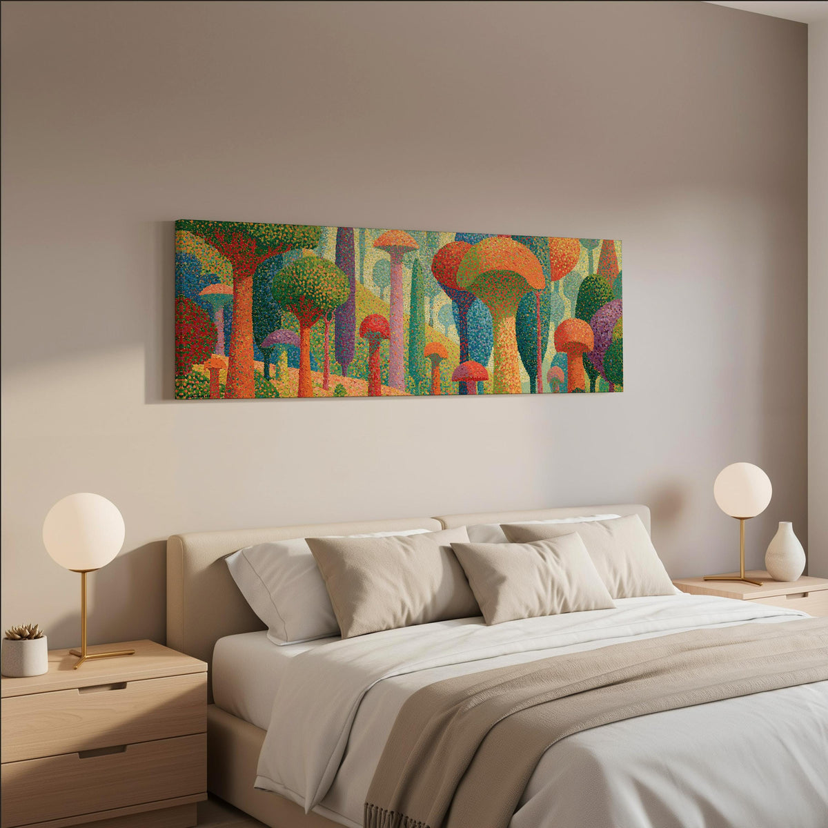 Teal mushroom woodland wide panoramic canvas print above a bed in a neutral bedroom