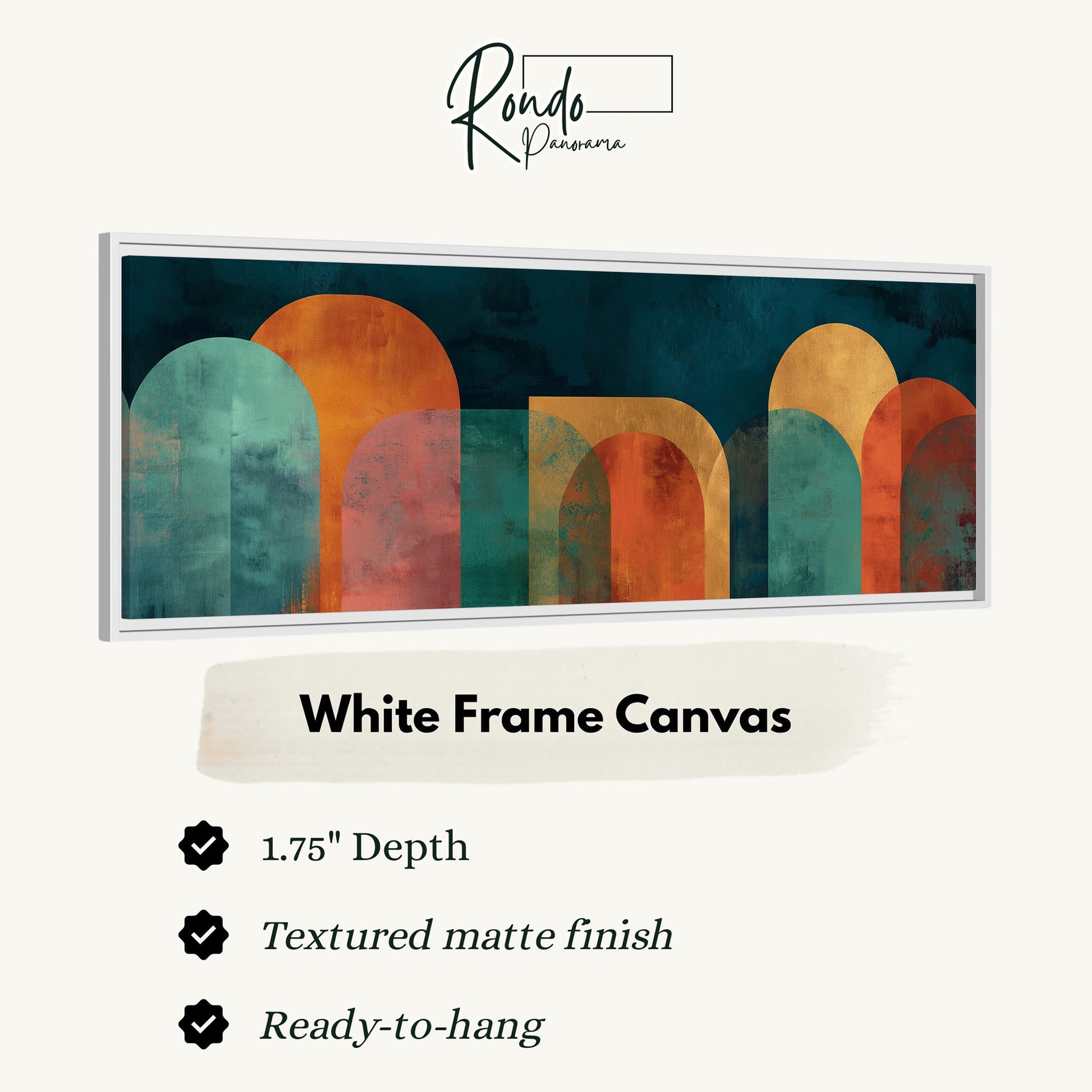 The image is a framed artwork featuring abstract geometric shapes in various colors, including shades of orange, green, and blue. The artwork is described as a "White Frame Canvas" with a 1.75" depth, a textured matte finish, and a ready-to-hang condition.