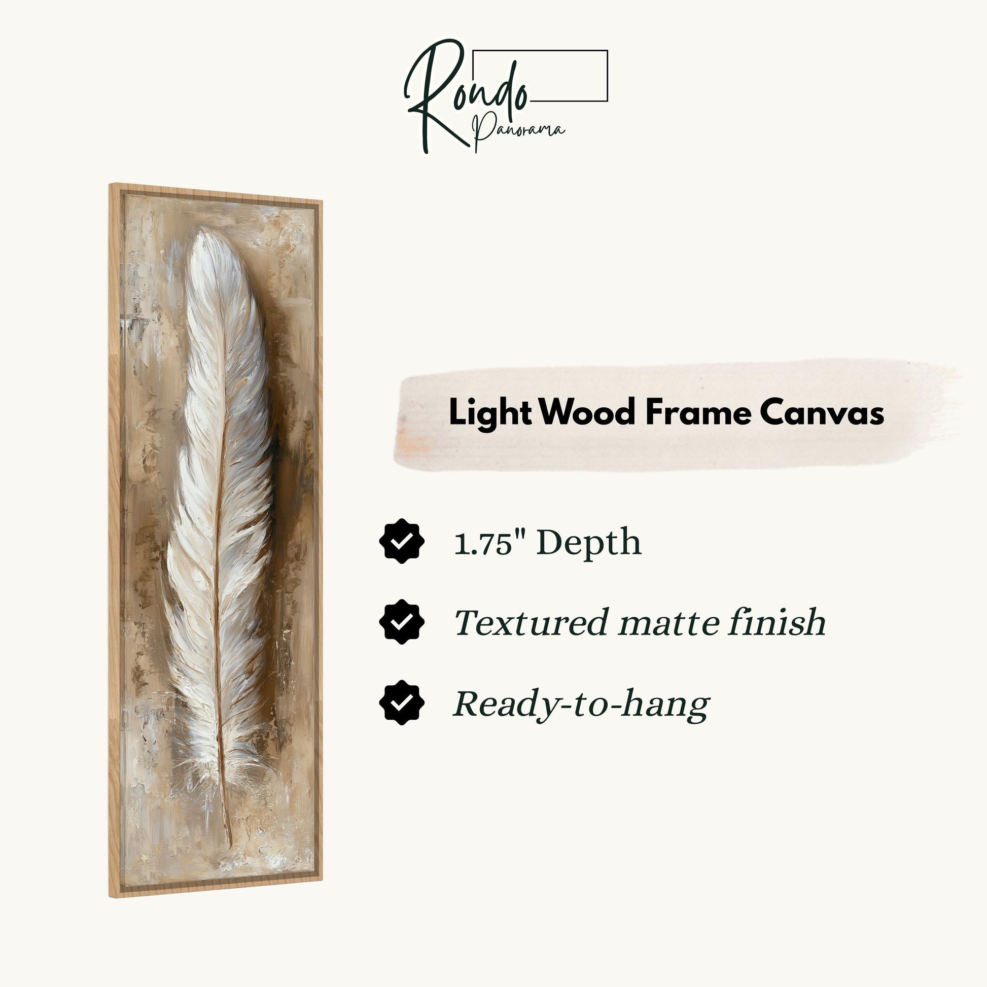 a light wood frame canvas with a feather on it.