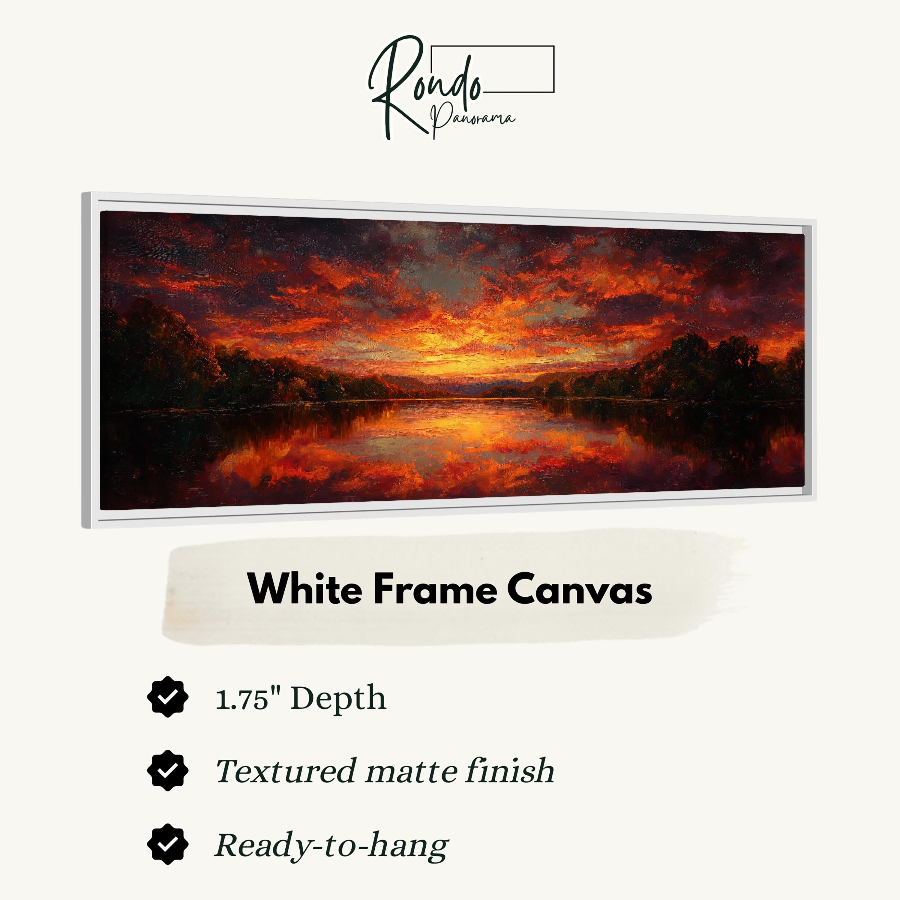 The image is a white frame canvas depicting a sunset over a lake.