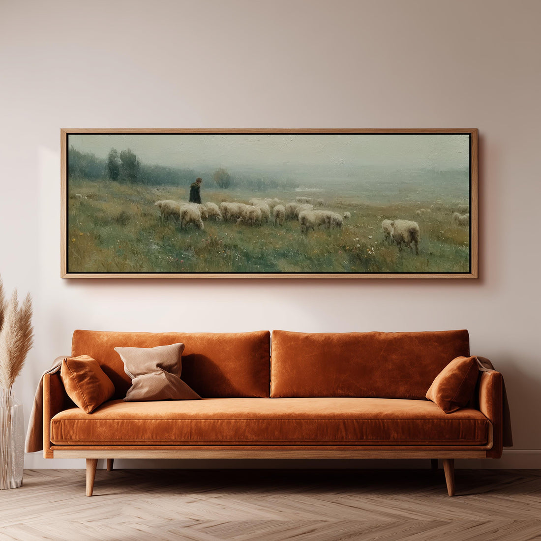 a large painting of a pastoral scene with a shepherd tending to his flock of sheep in a grassy field.