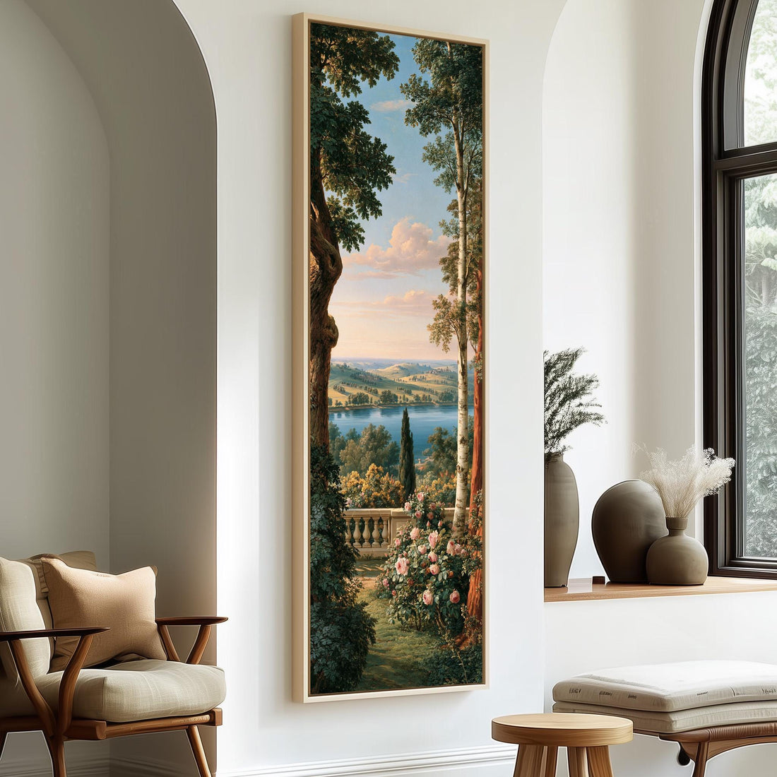 Garden terrace overlooking a lake long vertical canvas print in a sunlit living space