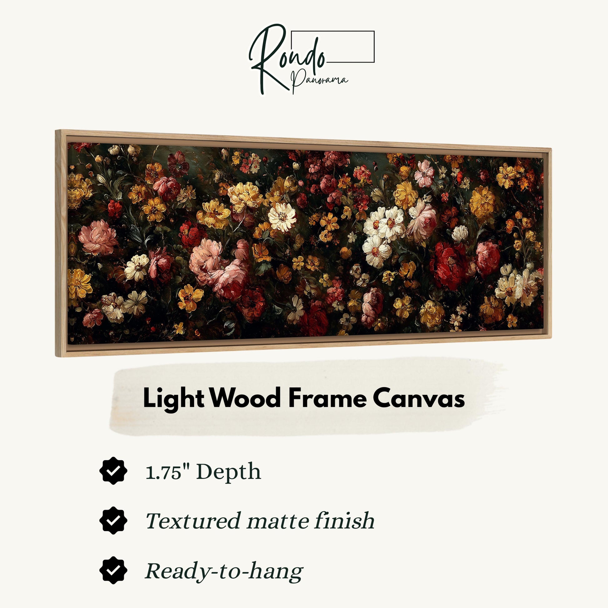 The image is a framed artwork depicting a vibrant floral arrangement.