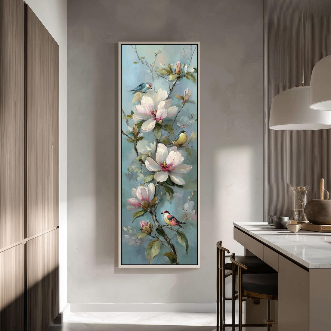 a large painting of a flower-filled branch hanging on a wall, with birds perched on the branches.