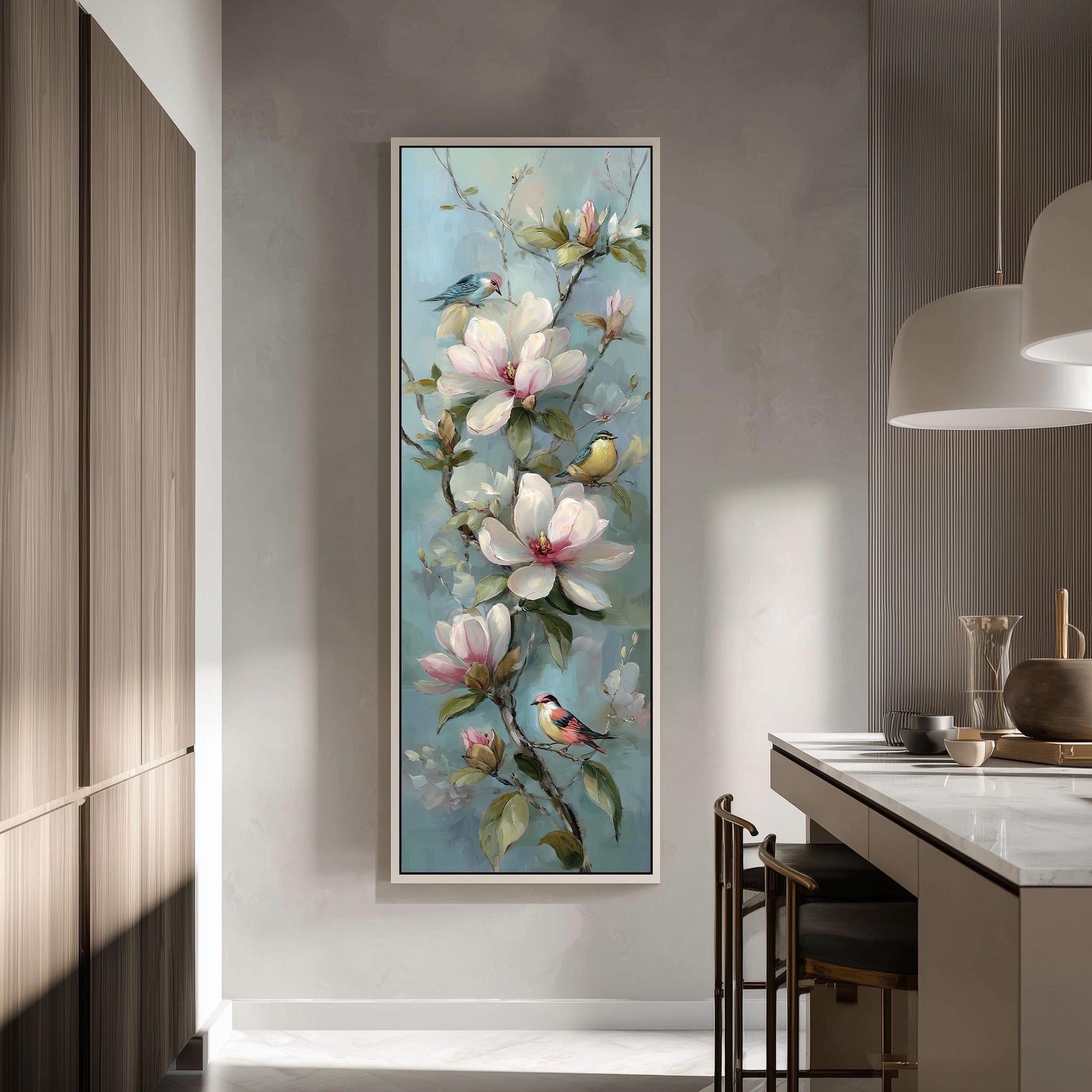 a large painting of a flower-filled branch hanging on a wall, with birds perched on the branches.