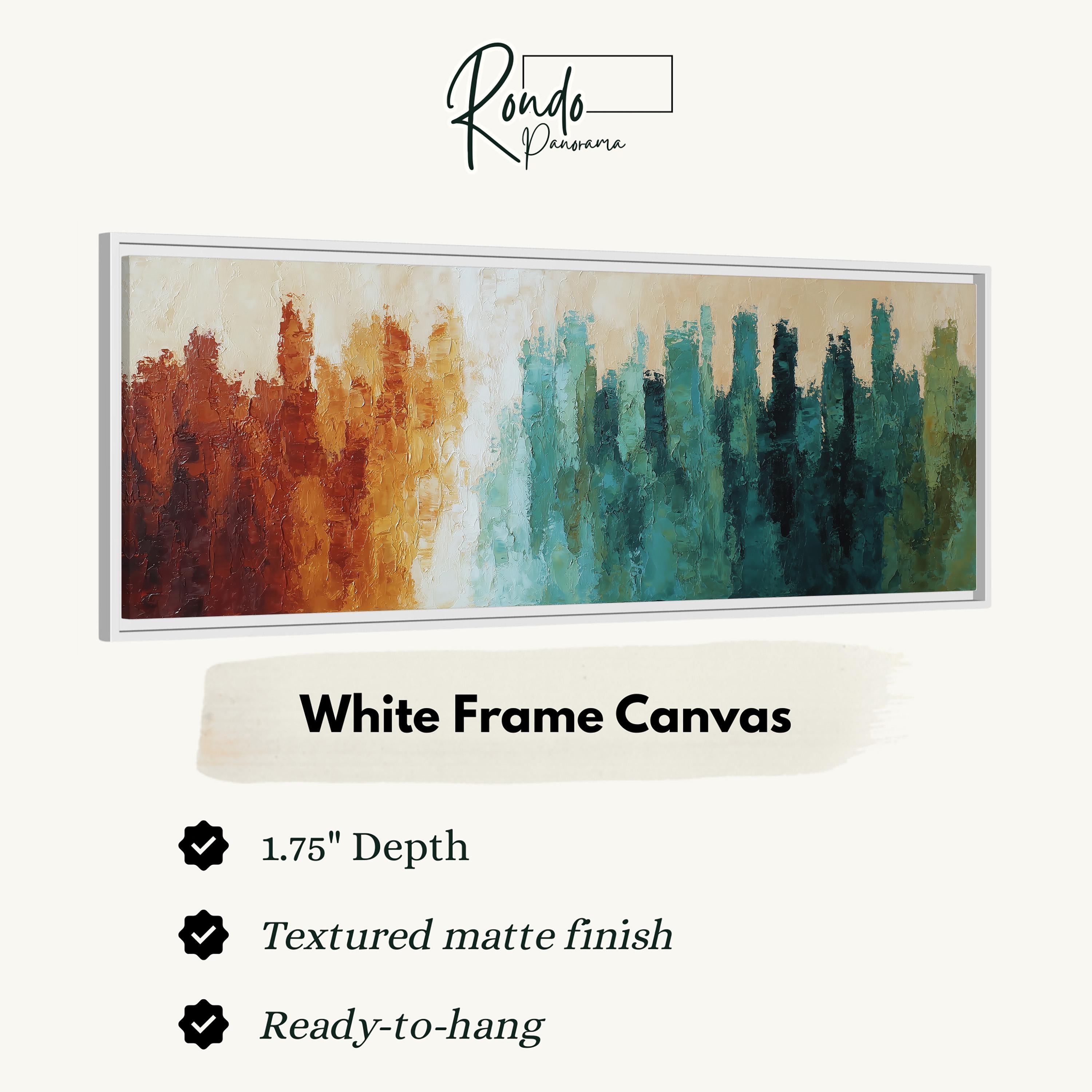 The image is a framed artwork depicting a cityscape with a gradient of colors, including shades of orange, green, and blue. The artwork is described as a "White Frame Canvas" with a 1.75" depth, a "Textured matte finish", and "Ready-to-hang".