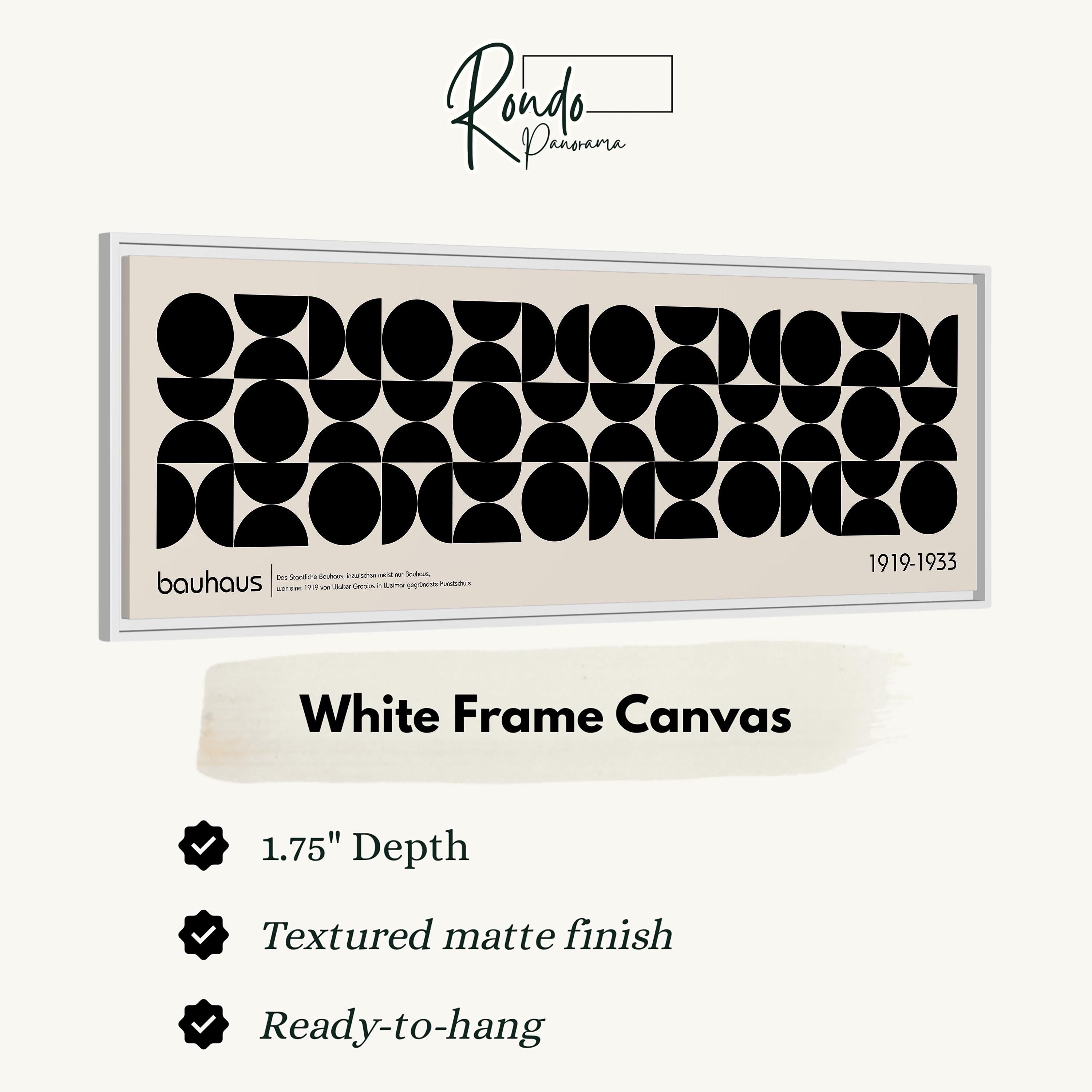 The image is a framed artwork featuring a geometric design with circles and lines in a white frame.