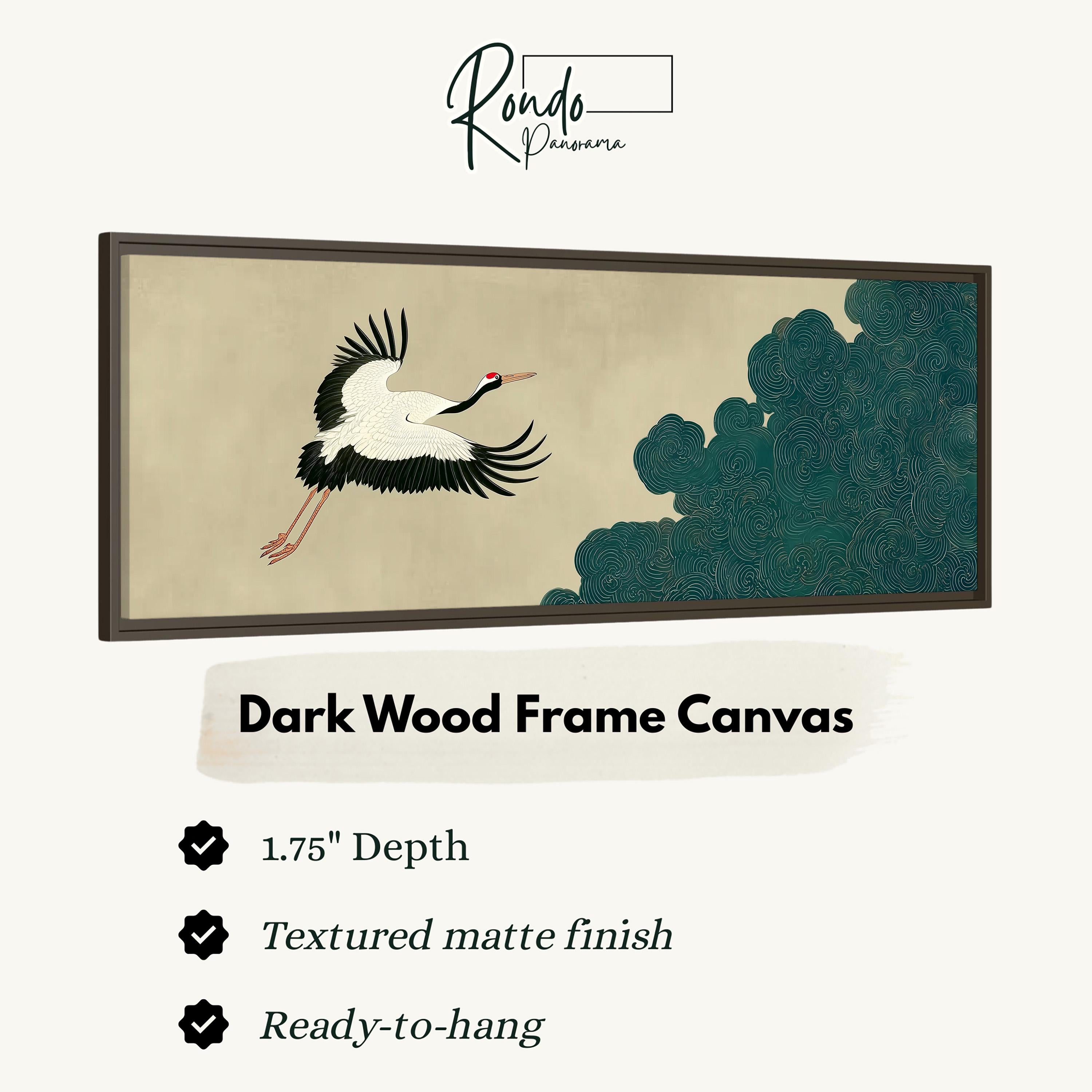 The image is a framed artwork depicting a crane in flight, with a dark wood frame.