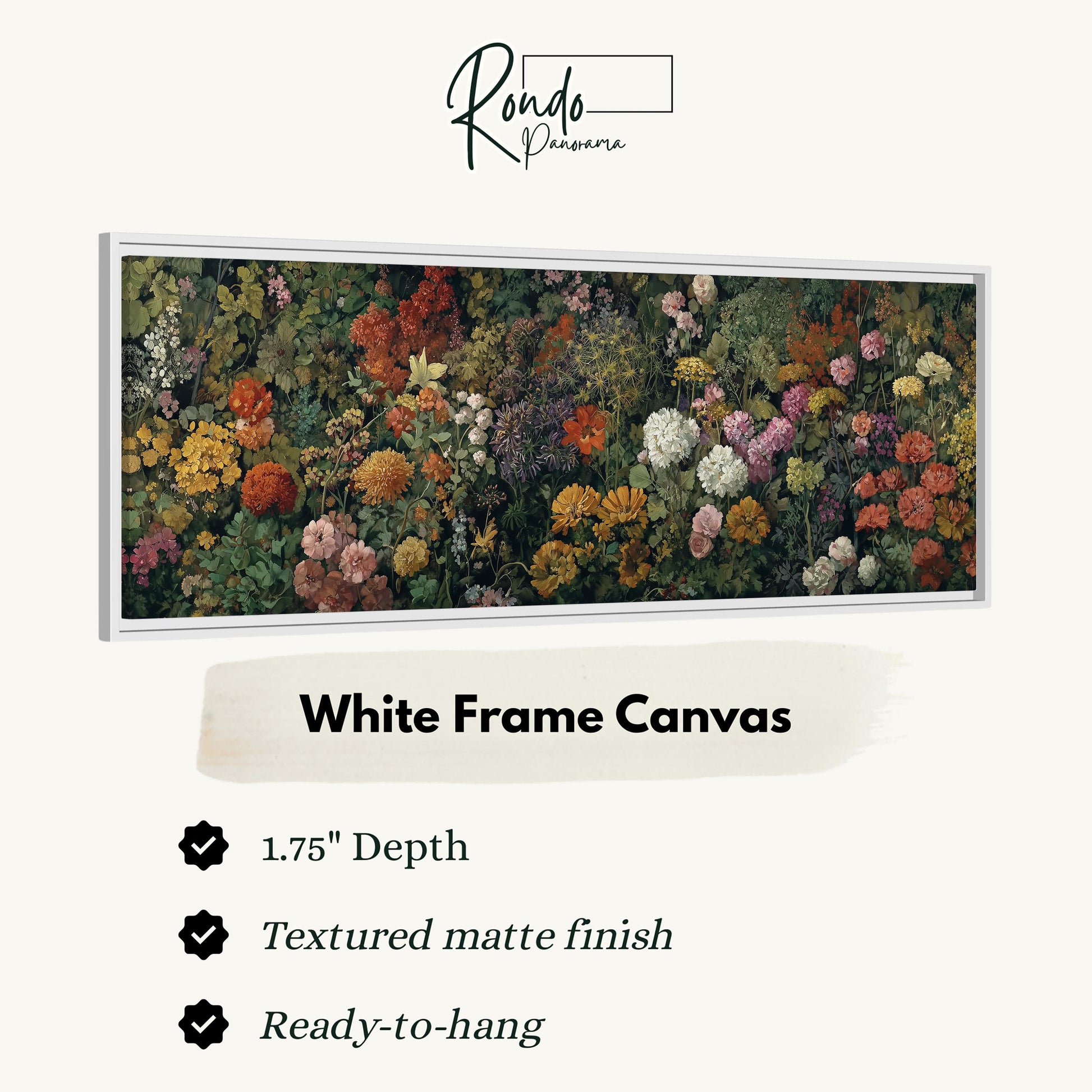 The image is a framed canvas depicting a variety of colorful flowers.