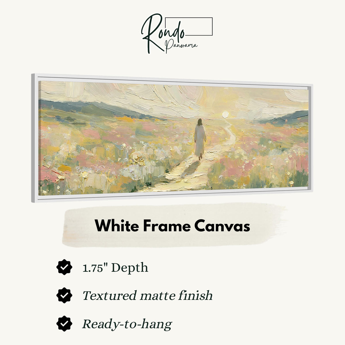 Jesus walking a pastel meadow path canvas print in a white floating frame