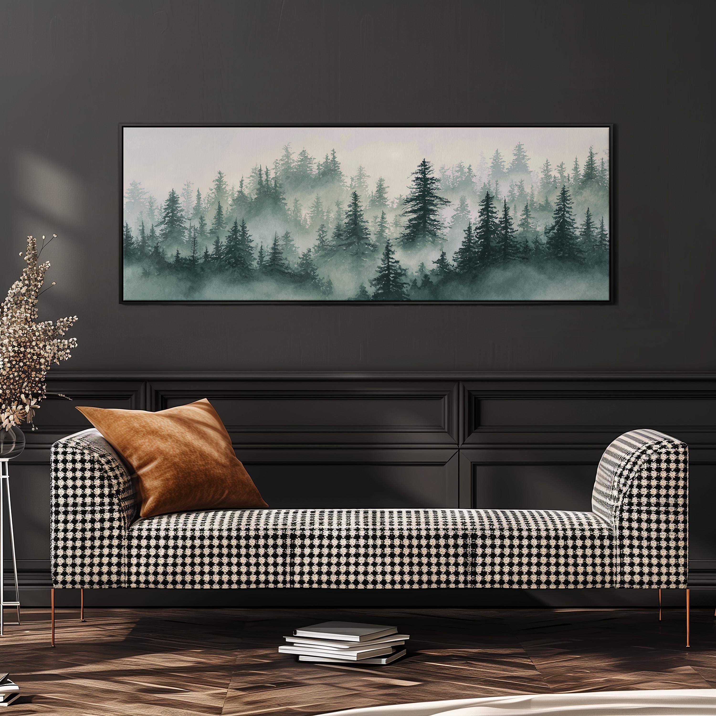 a cozy living room with a black and white checkered sofa, a stack of books, and a large framed landscape painting depicting a misty forest scene.