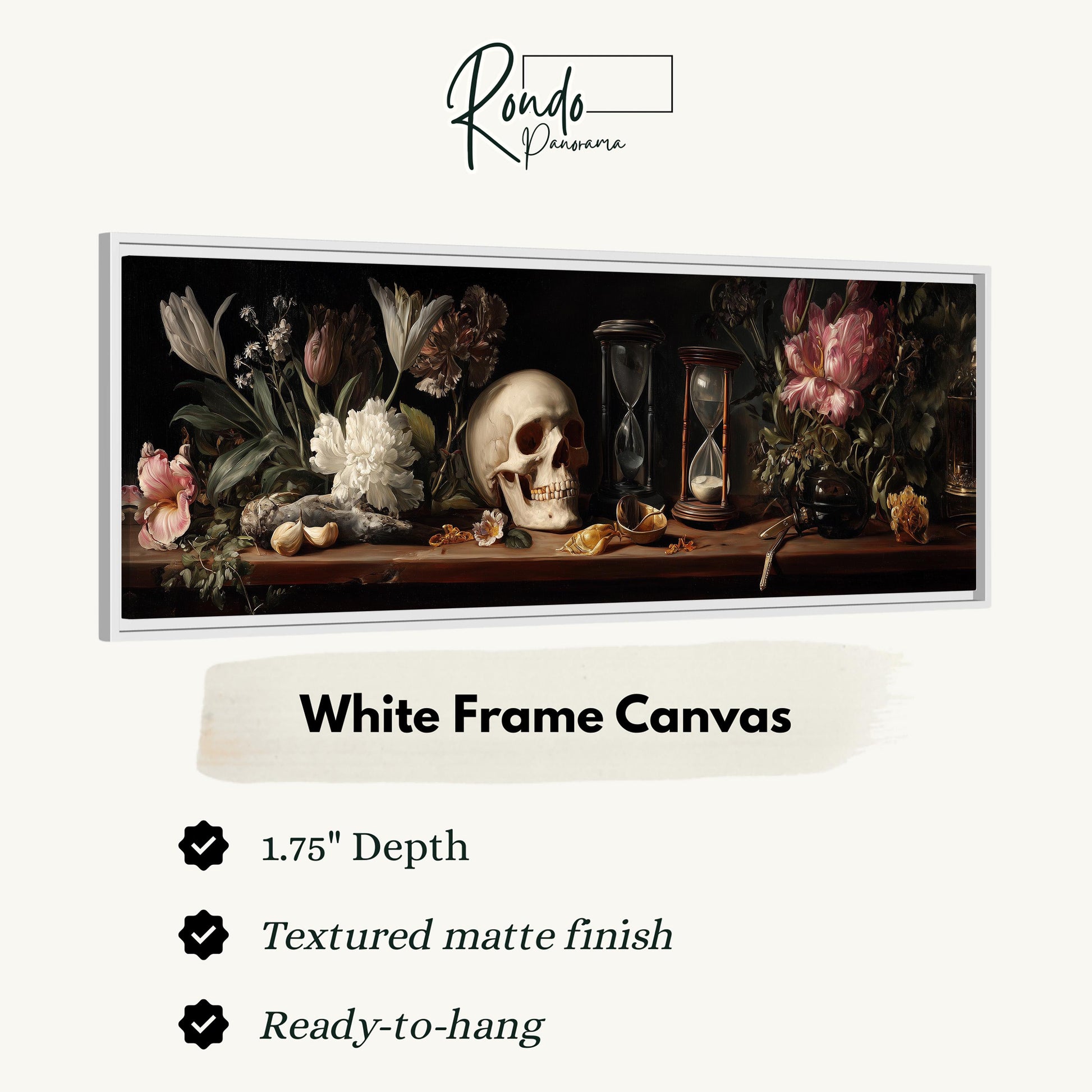 The image is a framed artwork depicting a still life arrangement with a skull, flowers, and other objects on a shelf.