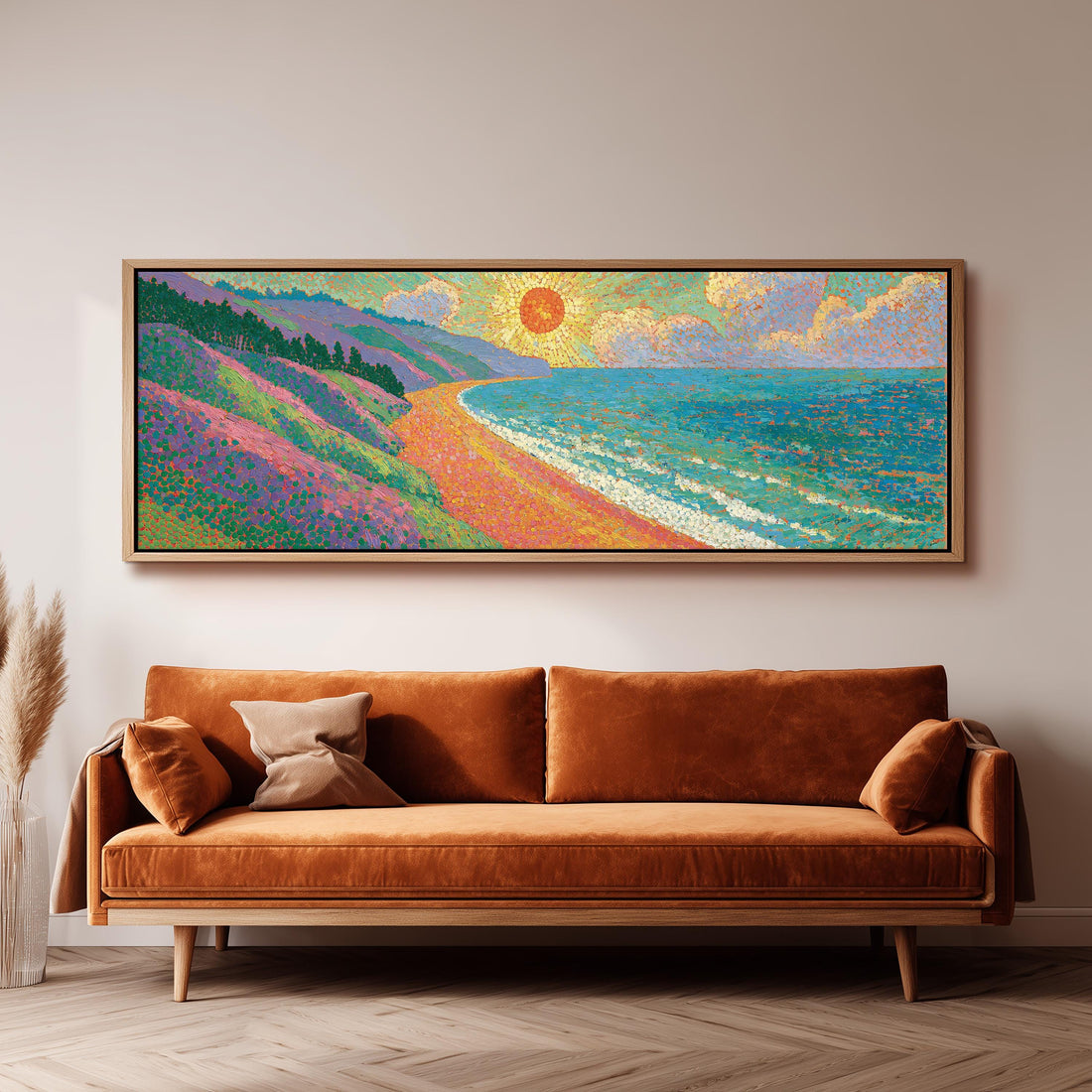 Coastal cliffs at sunset long horizontal canvas print above a sofa in a living room