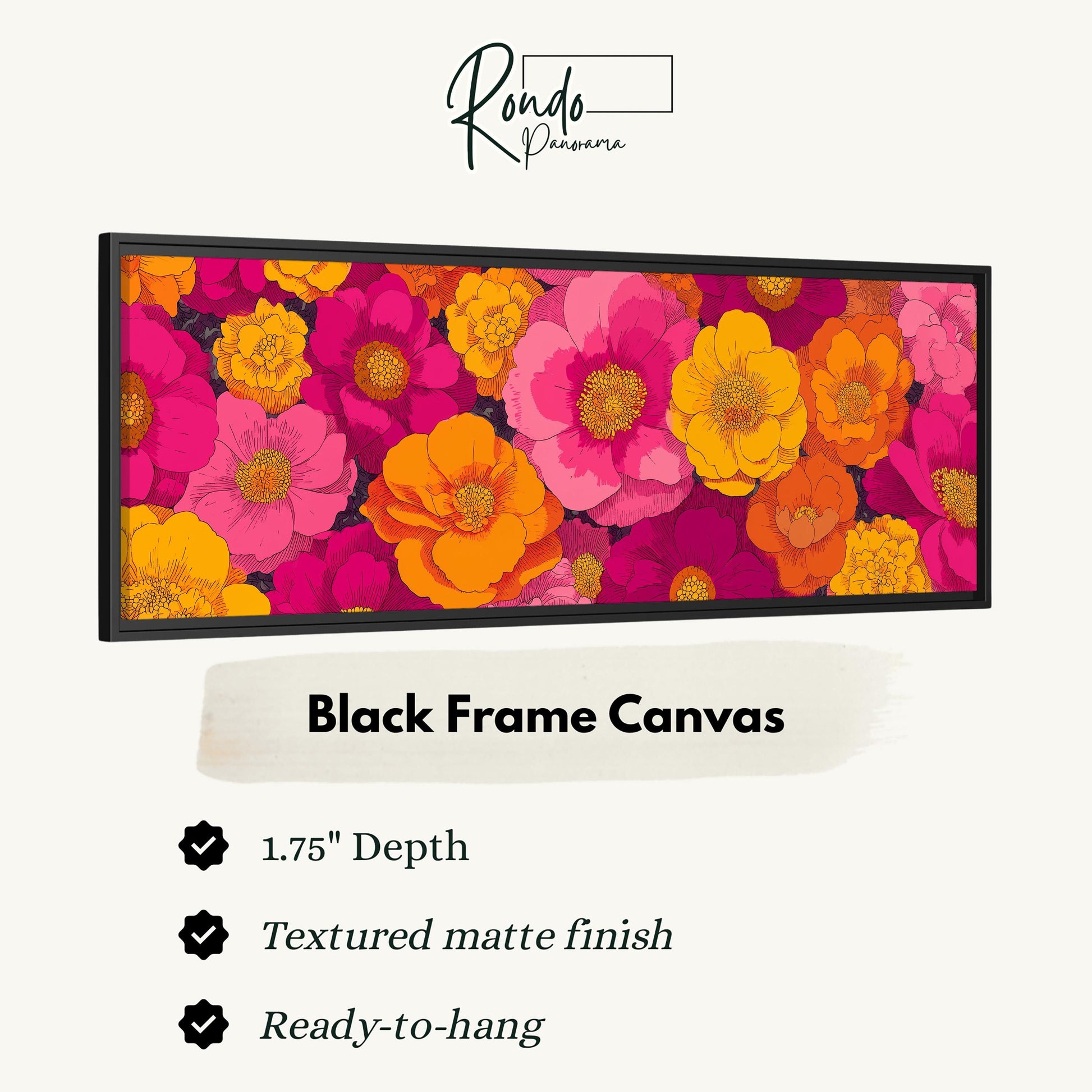 The image is a black frame canvas featuring a vibrant and colorful floral design with various shades of pink, orange, and yellow flowers.