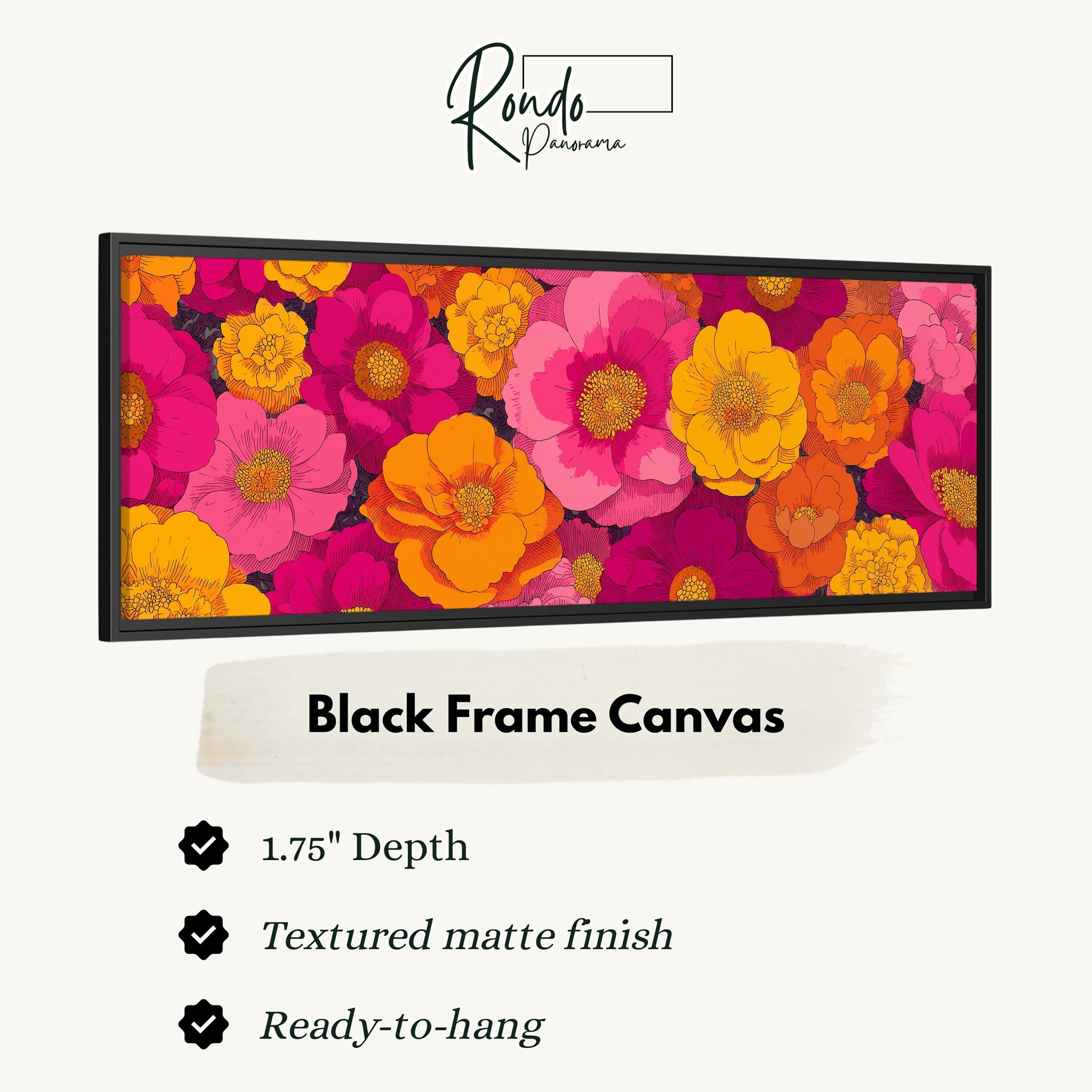 The image is a black frame canvas featuring a vibrant and colorful floral design with various shades of pink, orange, and yellow flowers.