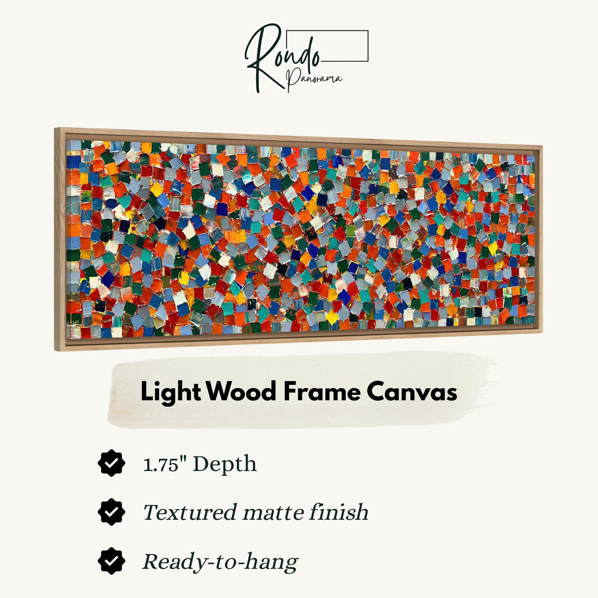 Colorful confetti mosaic squares canvas print in a light wood floating frame