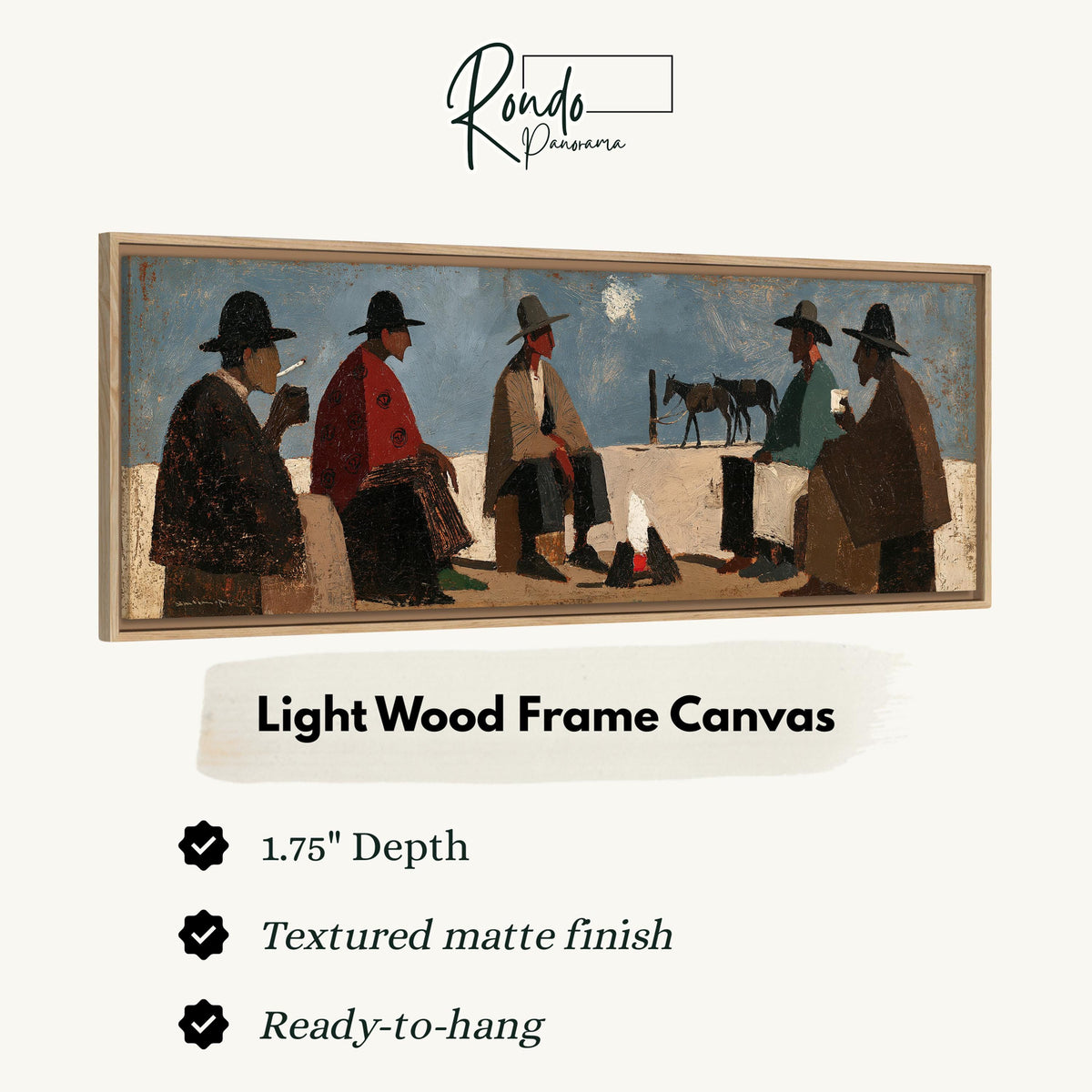 Cowboys gathered around a campfire canvas print in a light wood floating frame