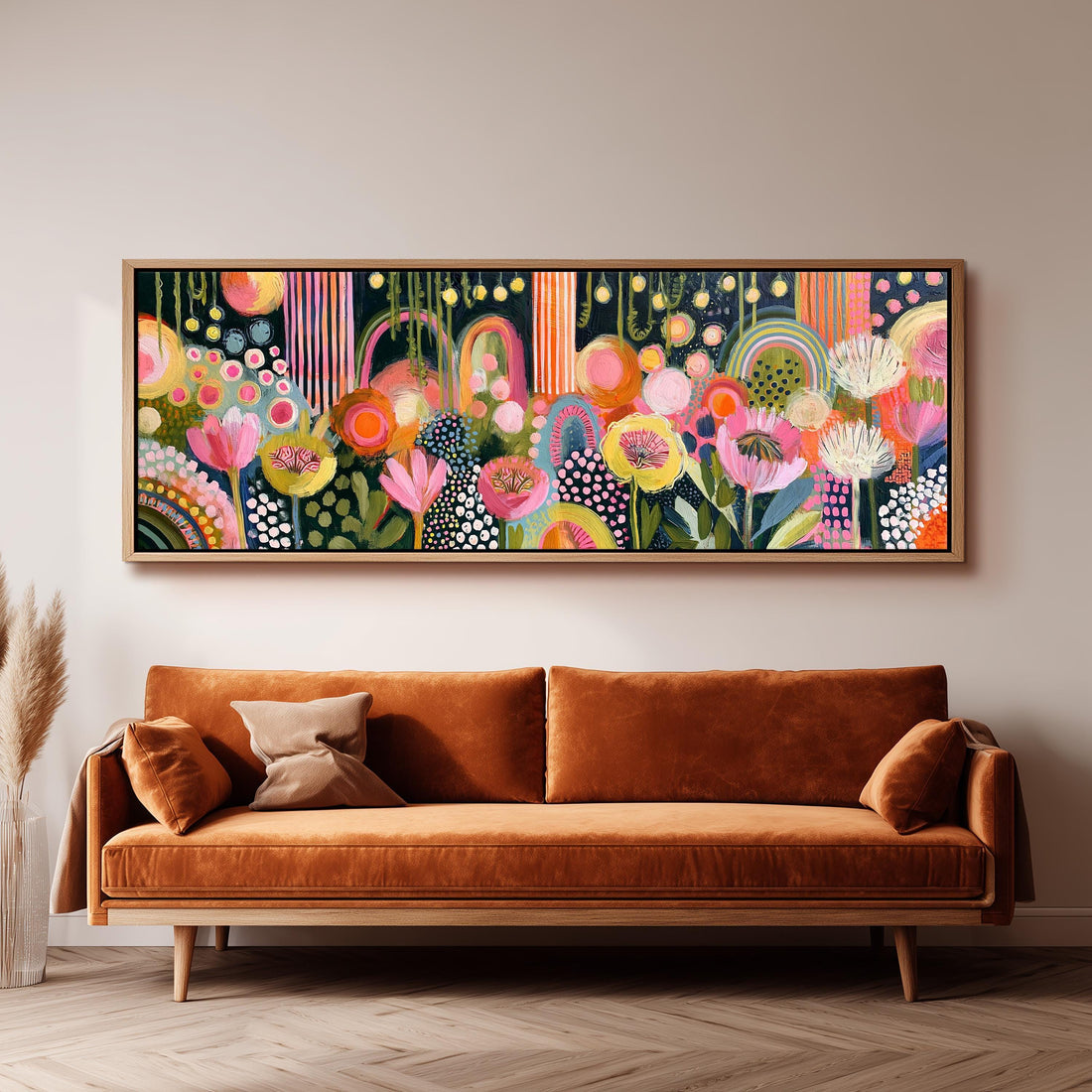 Colorful band of flowers and rainbows long horizontal canvas print above a sofa in a living room