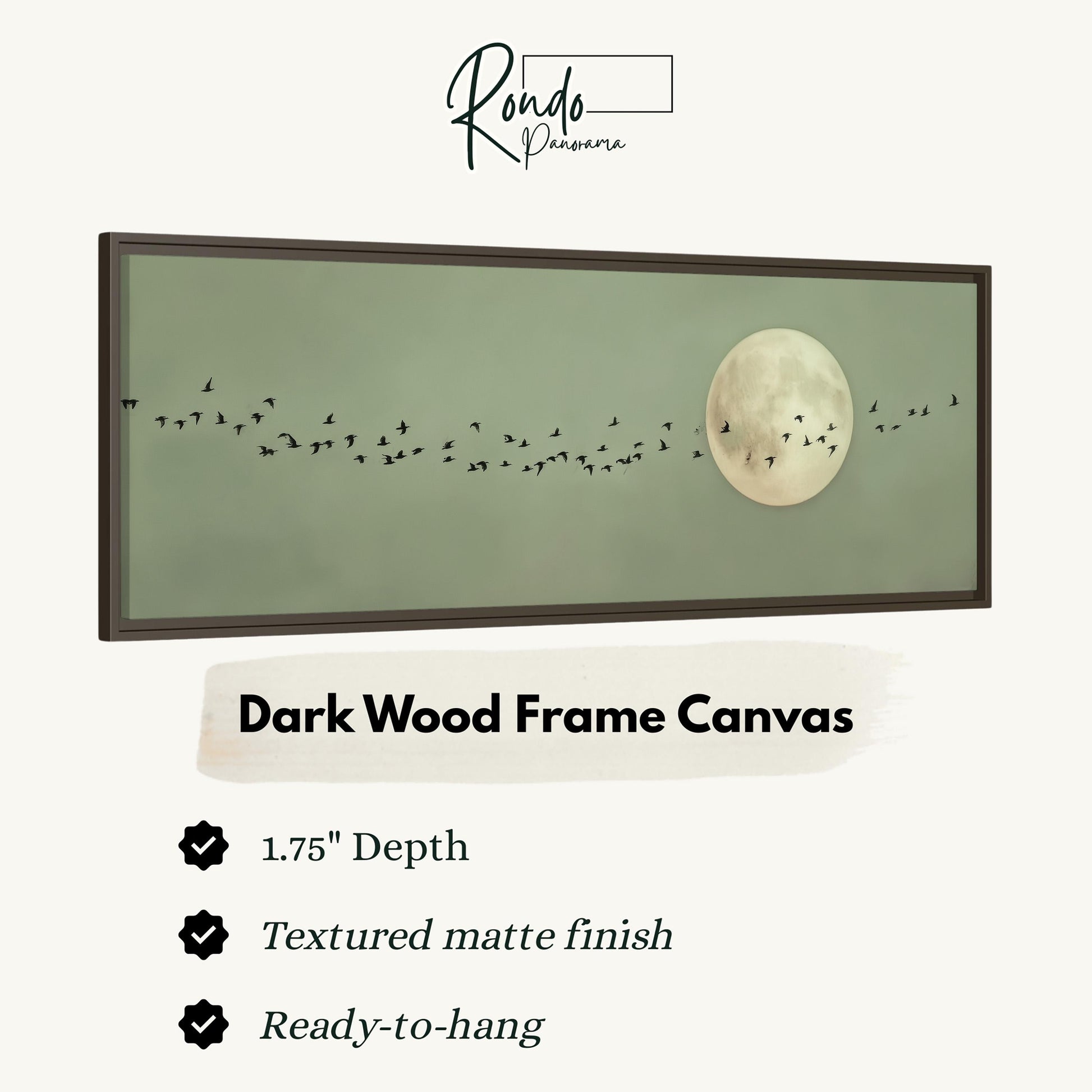 The image is a dark wood frame canvas depicting a flock of birds flying in front of a full moon.