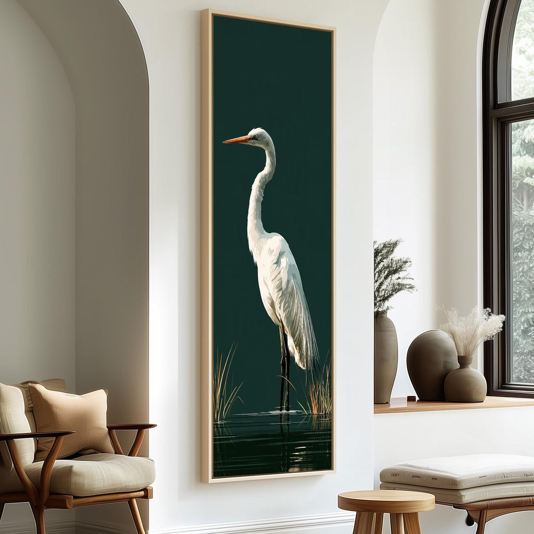 Great egret standing on dark green long vertical canvas print in a sunlit living space