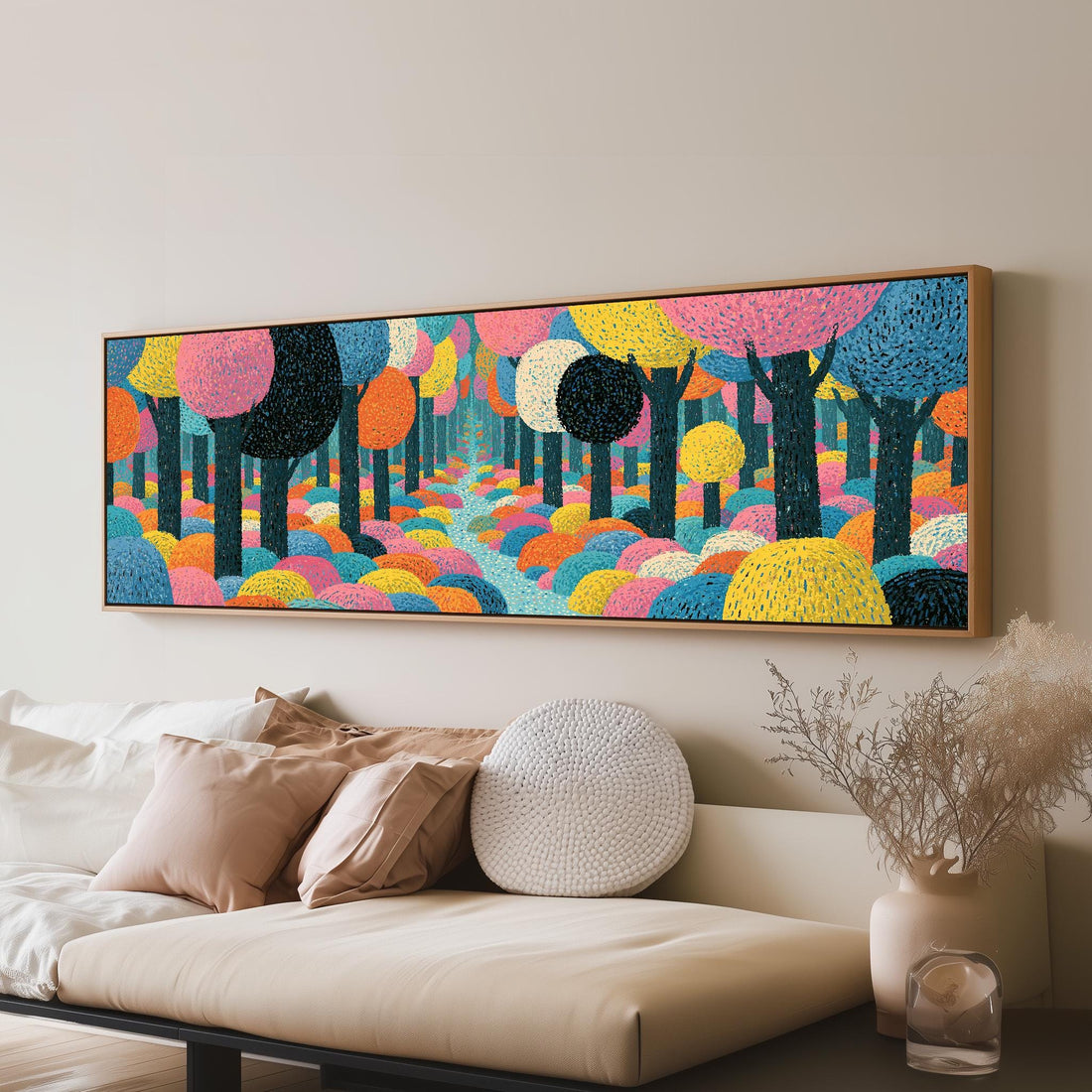 Bold circle tree forest long horizontal canvas print above a sofa in a living room